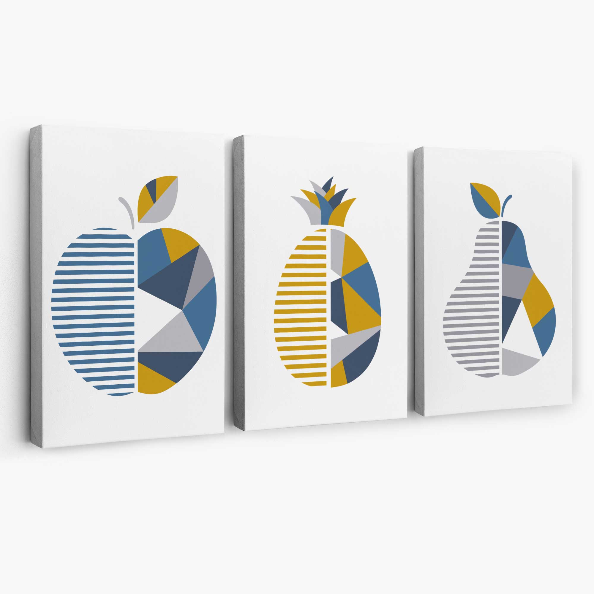 Set of 3 Blue & Yellow Geometric Fruit Canvas Art Prints | Artze Wall Art