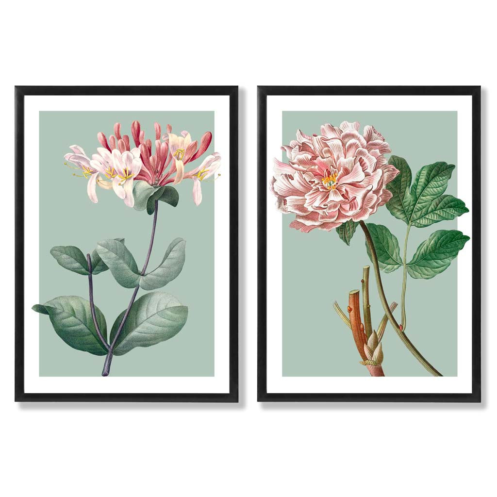 Sage Green Geometric Pineapple Fruit Set of 2 Art Prints with Black Frame