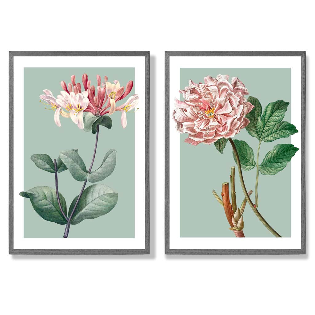 Sage Green Geometric Pineapple Fruit Set of 2 Art Prints with Dark Grey Frame