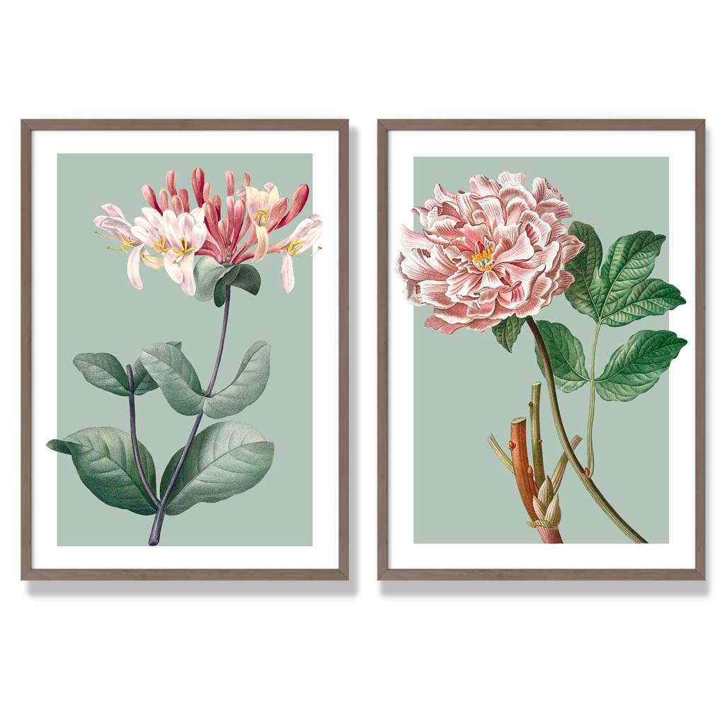 Sage Green Geometric Pineapple Fruit Set of 2 Art Prints with Walnut Frame