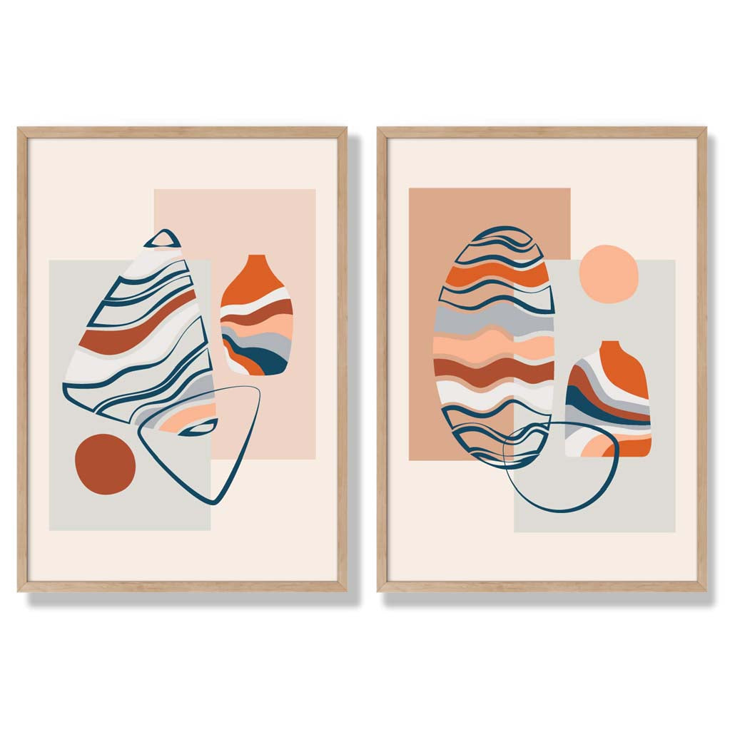 Sage Green Geometric Pineapple Fruit Set of 2 Art Prints with Oak Frame