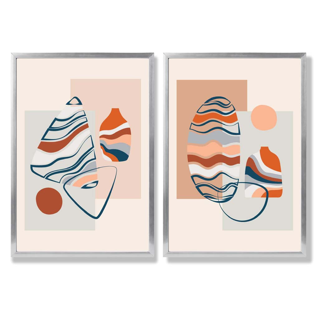 Sage Green Geometric Pineapple Fruit Set of 2 Art Prints with Silver Frame