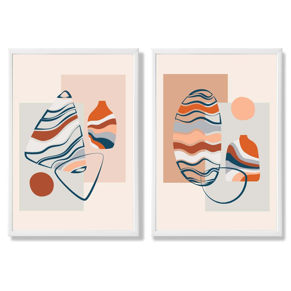 Sage Green Geometric Pineapple Fruit Set of 2 Art Prints with White Frame