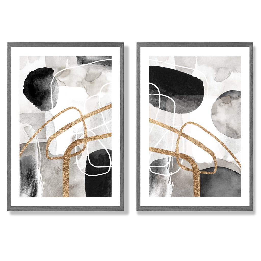 Sage Green Geometric Pineapple Fruit Set of 2 Art Prints with Dark Grey Frame