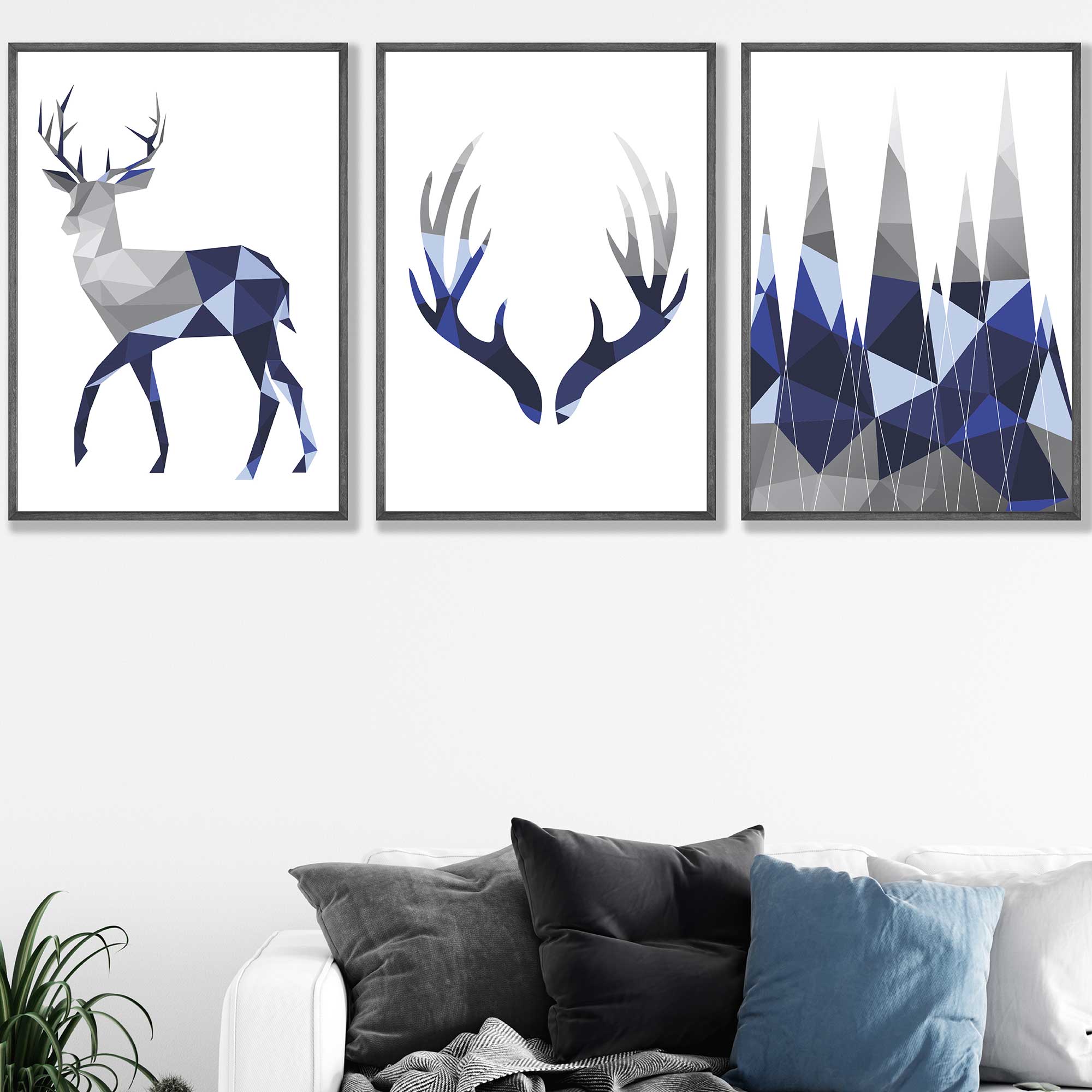 Geometric Set of 3 Navy Blue & Grey Stag, Antlers, Mountains Wall Art Prints