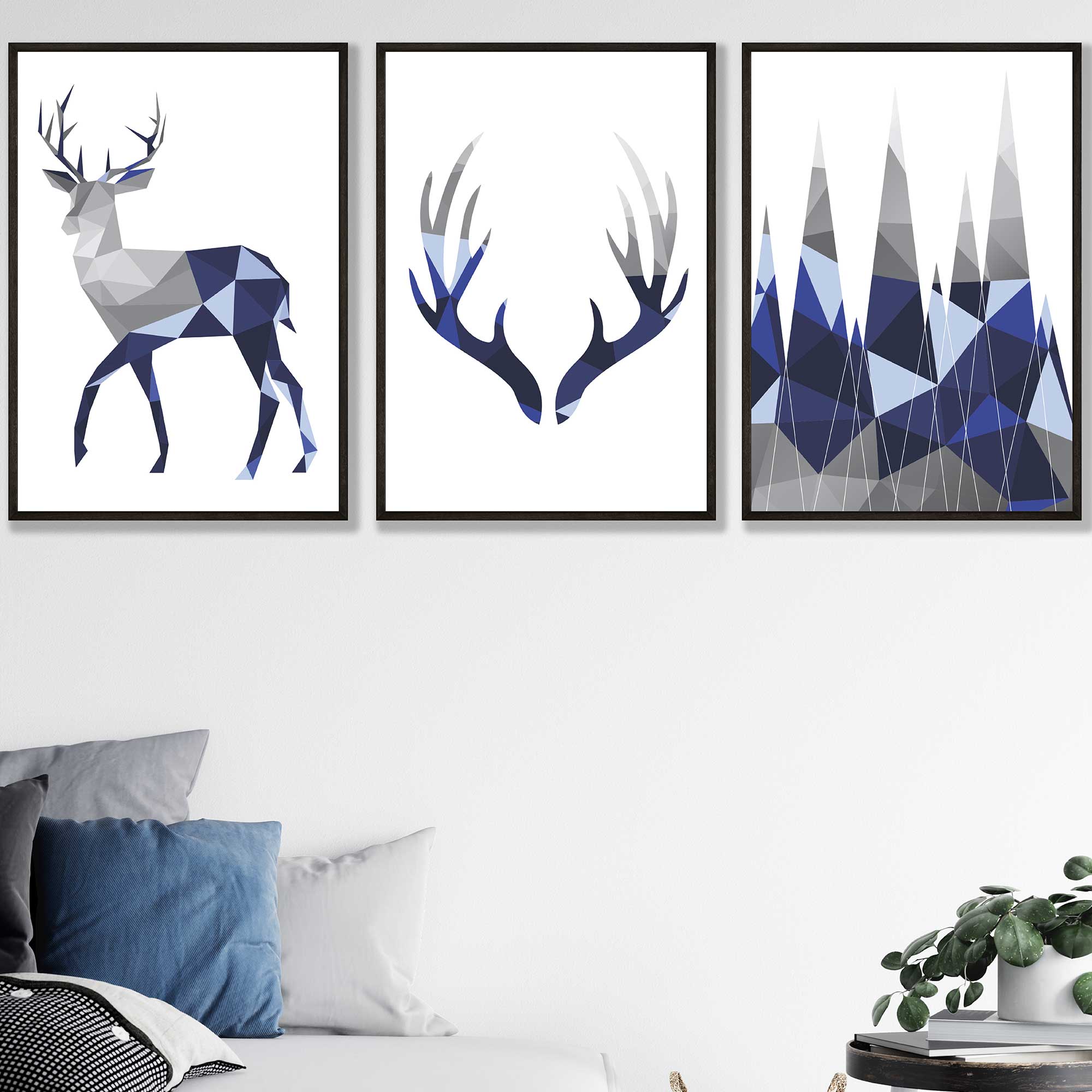 Geometric Set of 3 Navy Blue & Grey Stag, Antlers, Mountains Wall Art Prints