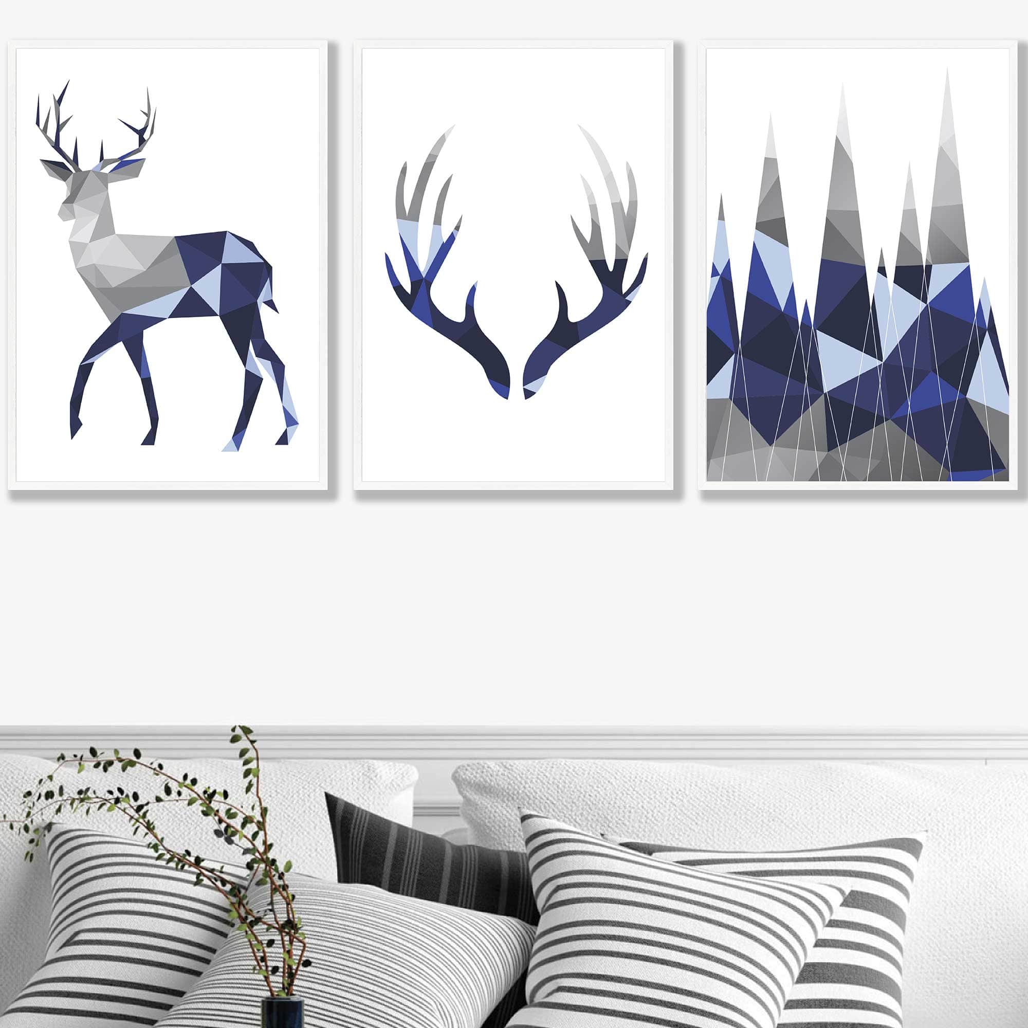 Geometric Set of 3 Navy Blue & Grey Stag, Antlers, Mountains Wall Art Prints