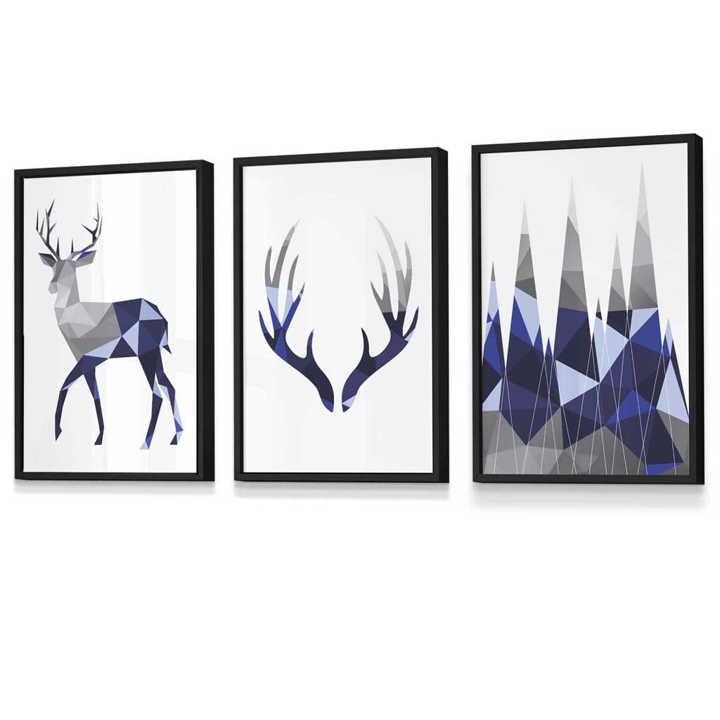 Geometric Navy Blue Grey Stags Framed Wall Art Set | Artze Wall Art UK