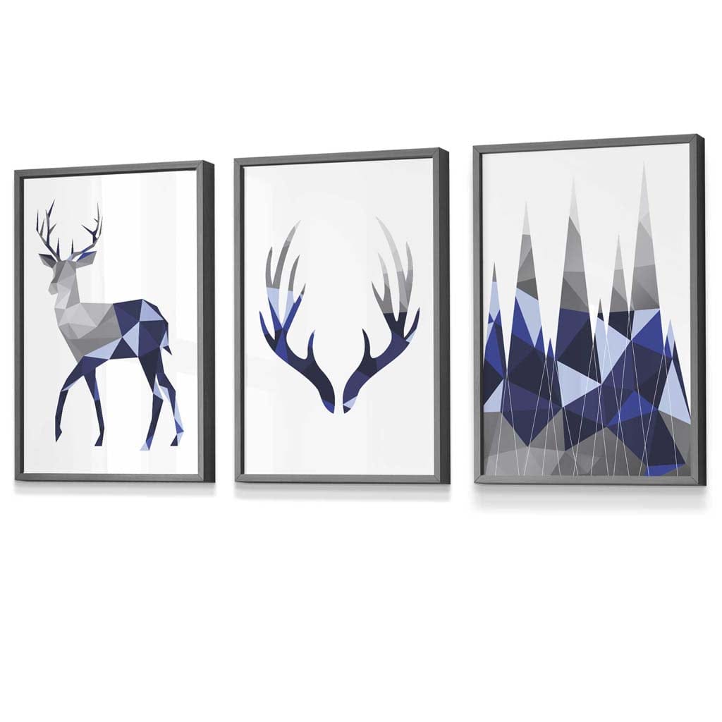 Geometric Navy Blue Grey Stags Framed Wall Art Set | Artze Wall Art UK