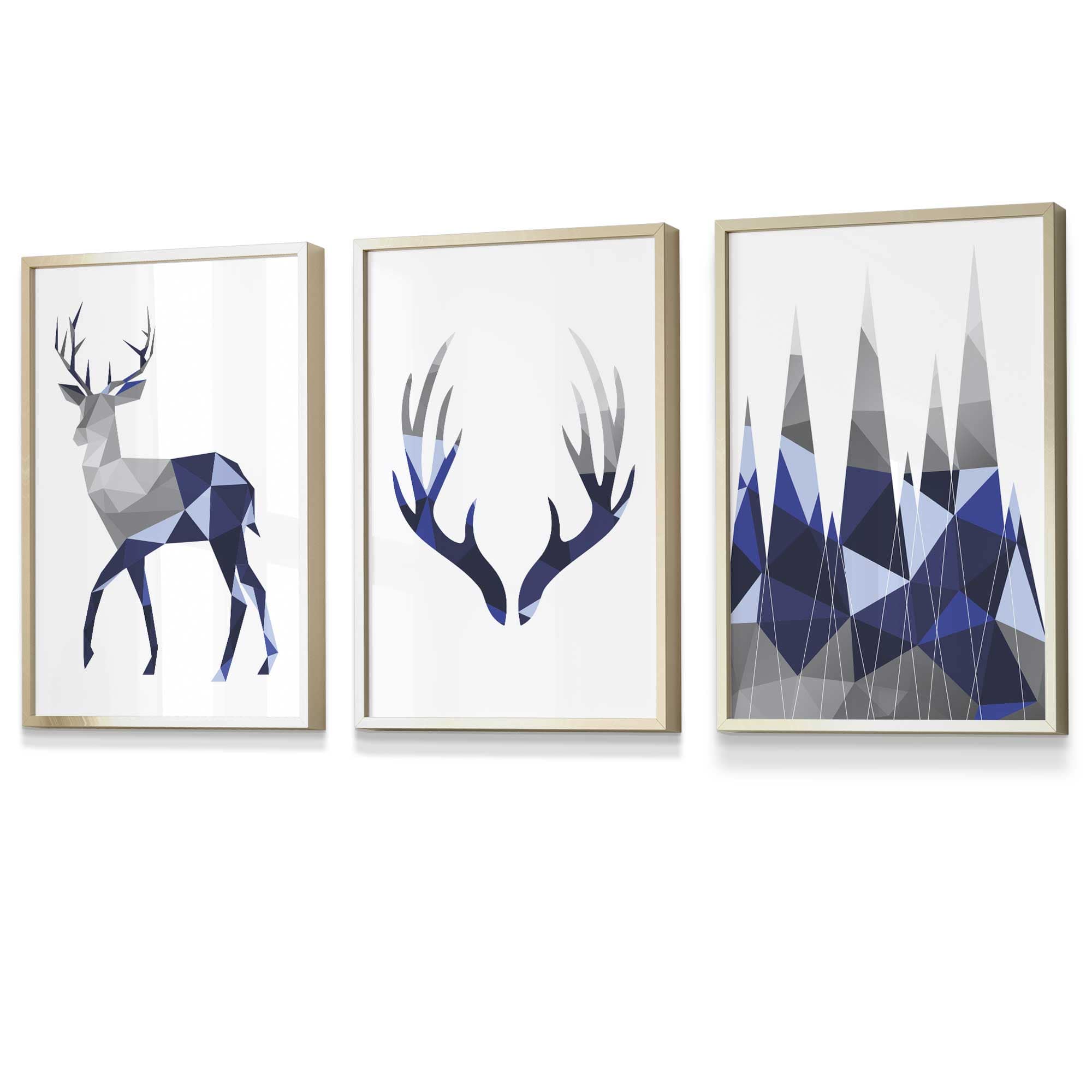 Geometric Navy Blue Grey Stags Framed Wall Art Set | Artze Wall Art UK