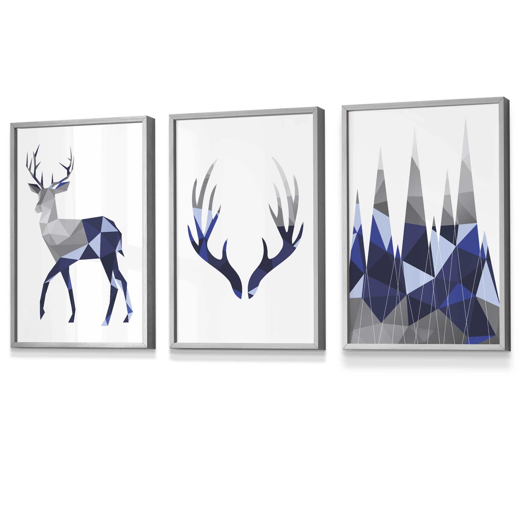 Geometric Navy Blue Grey Stags Framed Wall Art Set | Artze Wall Art UK
