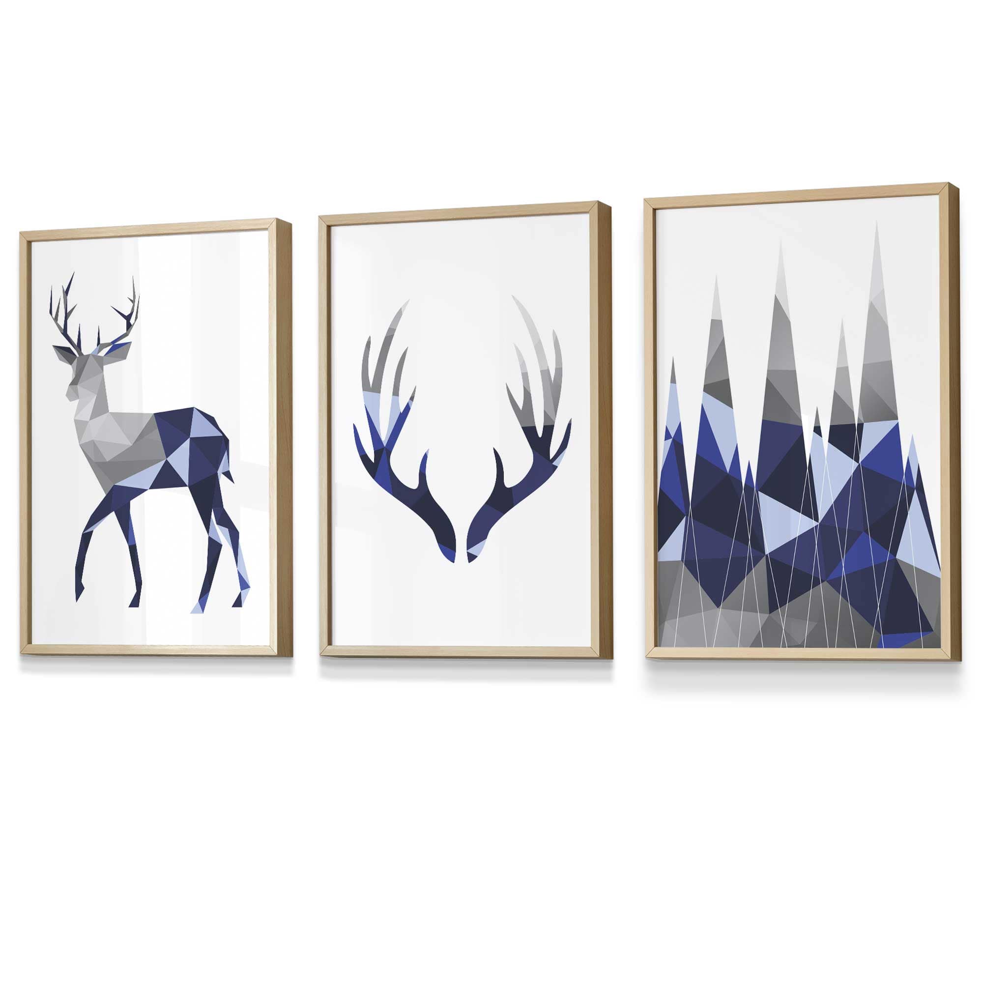 Geometric Navy Blue Grey Stags Framed Wall Art Set | Artze Wall Art UK