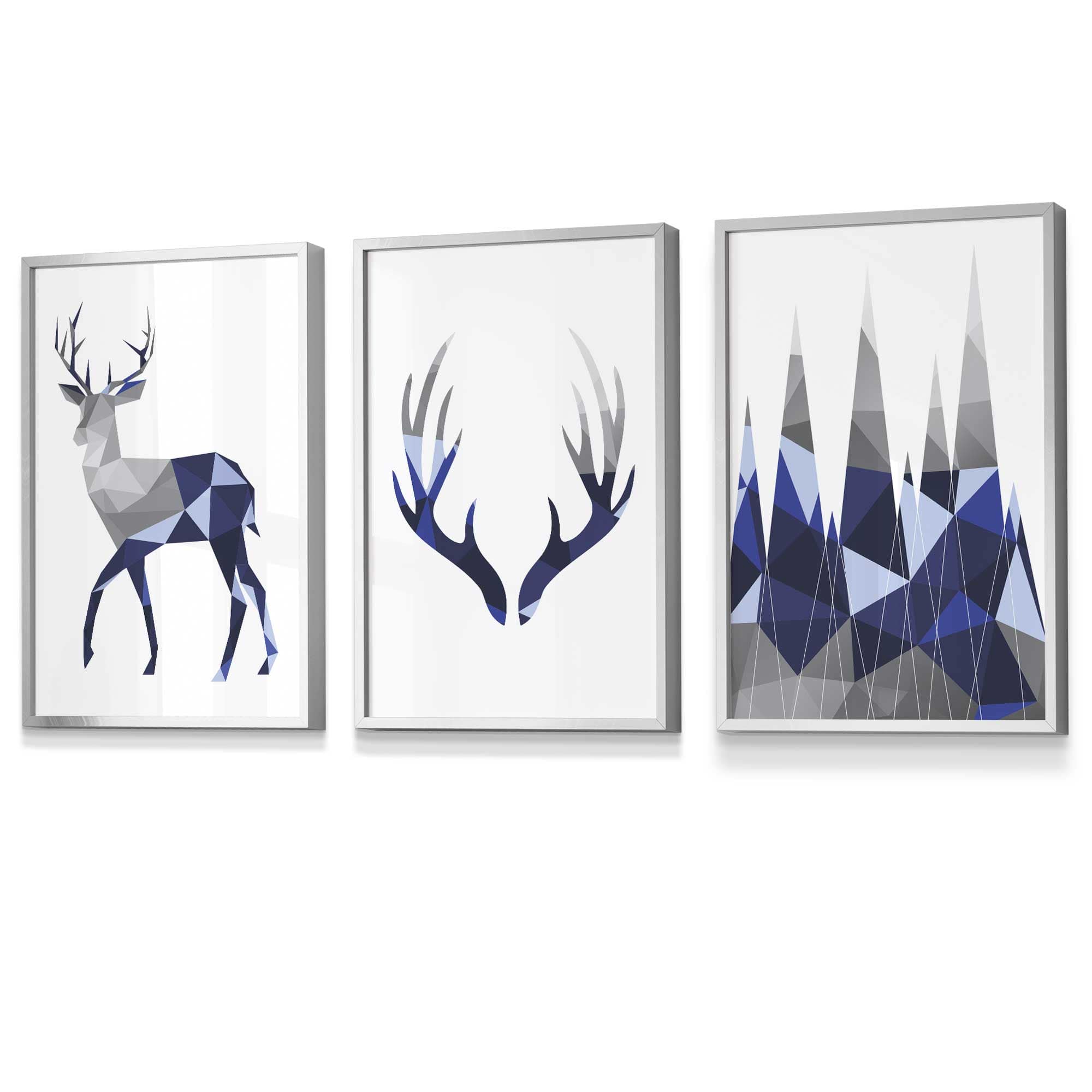 Geometric Navy Blue Grey Stags Framed Wall Art Set | Artze Wall Art UK