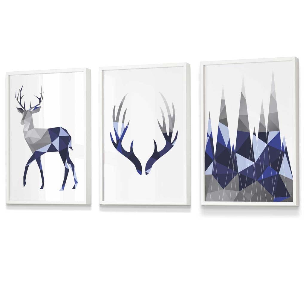 Geometric Navy Blue Grey Stags Framed Wall Art Set | Artze Wall Art UK