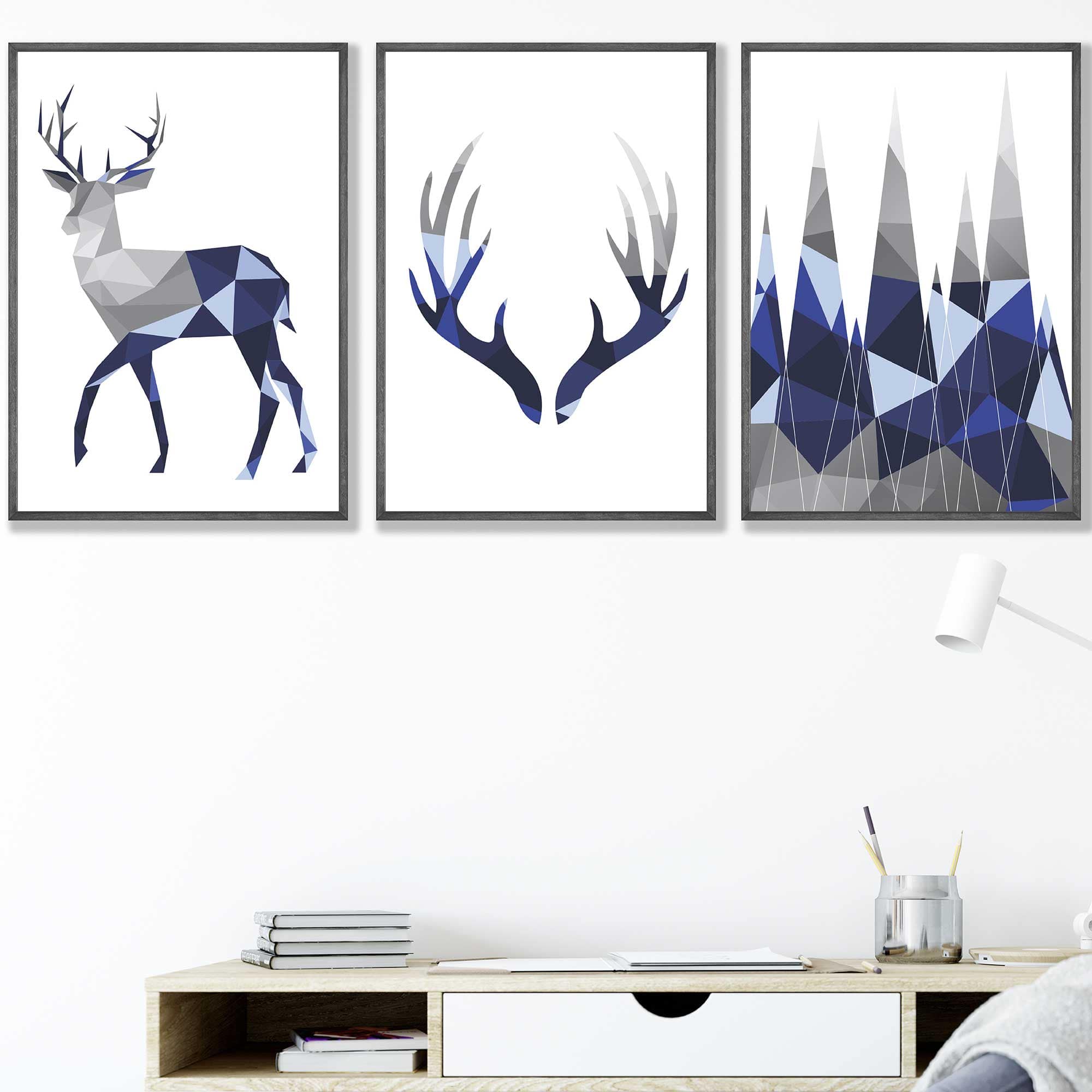 Geometric Set of 3 Navy Blue & Grey Stag, Antlers, Mountains Wall Art Prints