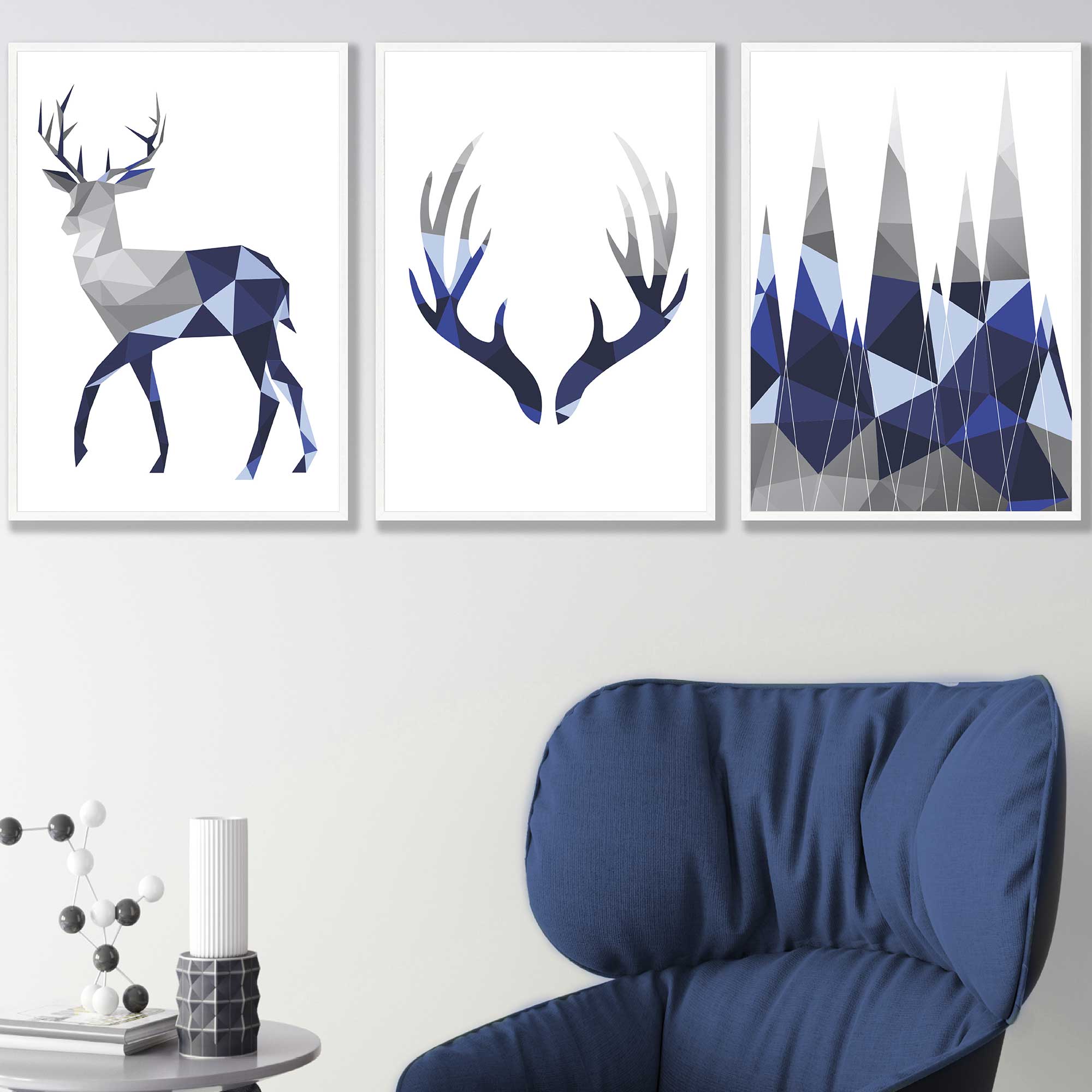 Geometric Set of 3 Navy Blue & Grey Stag, Antlers, Mountains Wall Art Prints