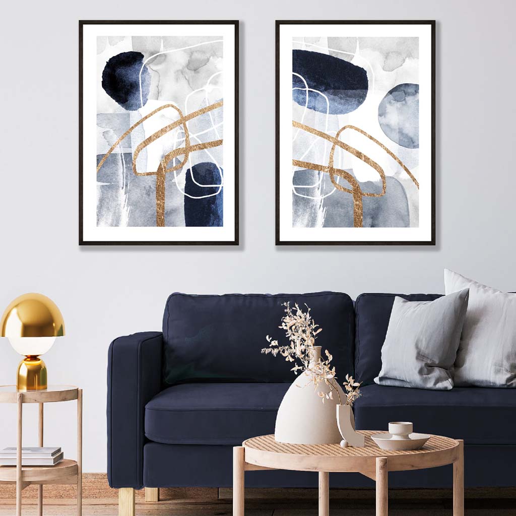 Blue  Gold Abstract Shapes Art Posters Set | Artze Wall Art UK