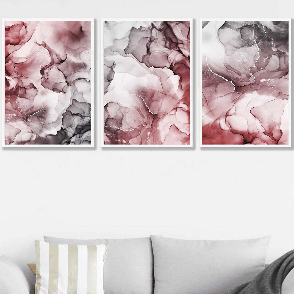 Set of 3 Abstract floral Red & Grey Wall Art Prints