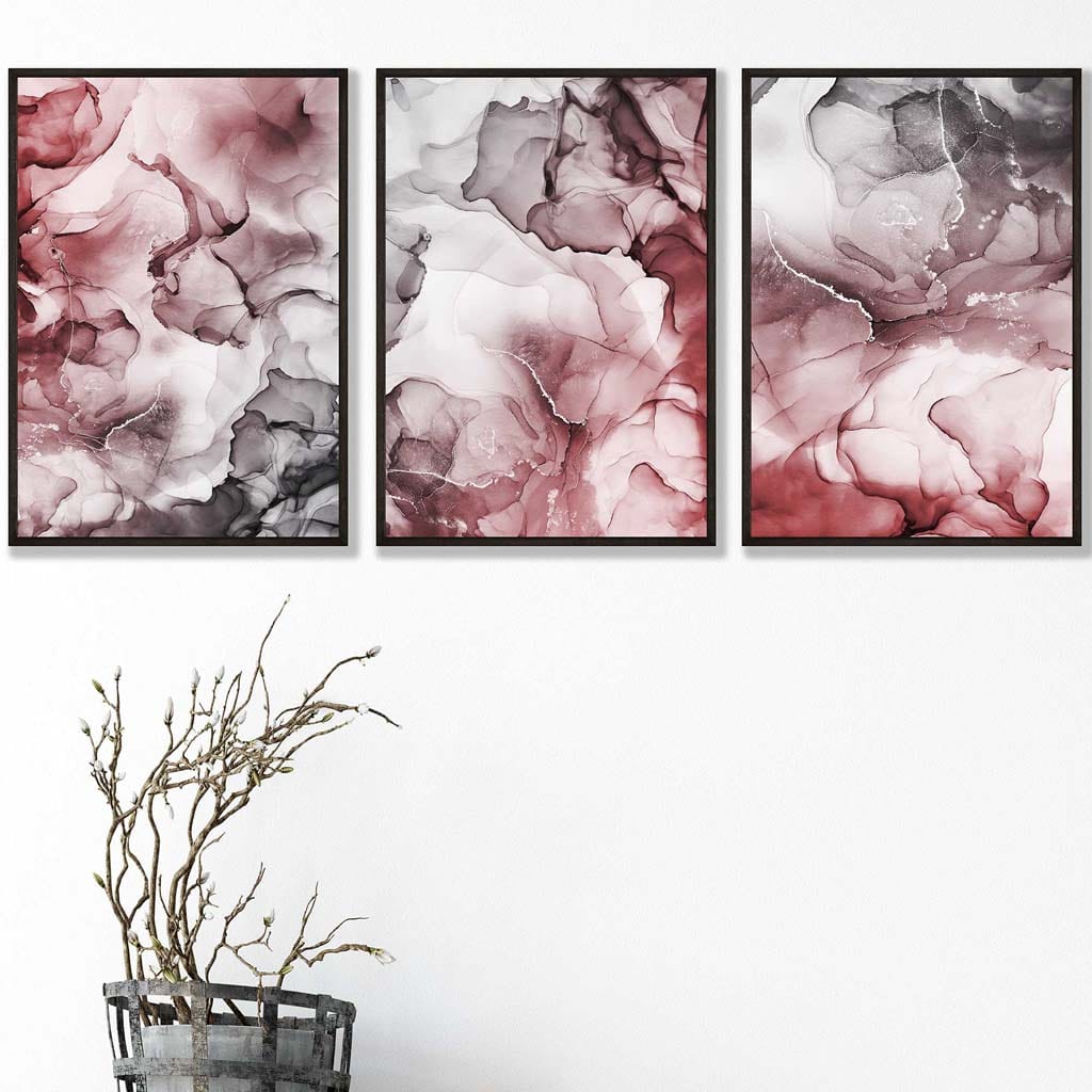 Set of 3 Abstract floral Red & Grey Wall Art Prints