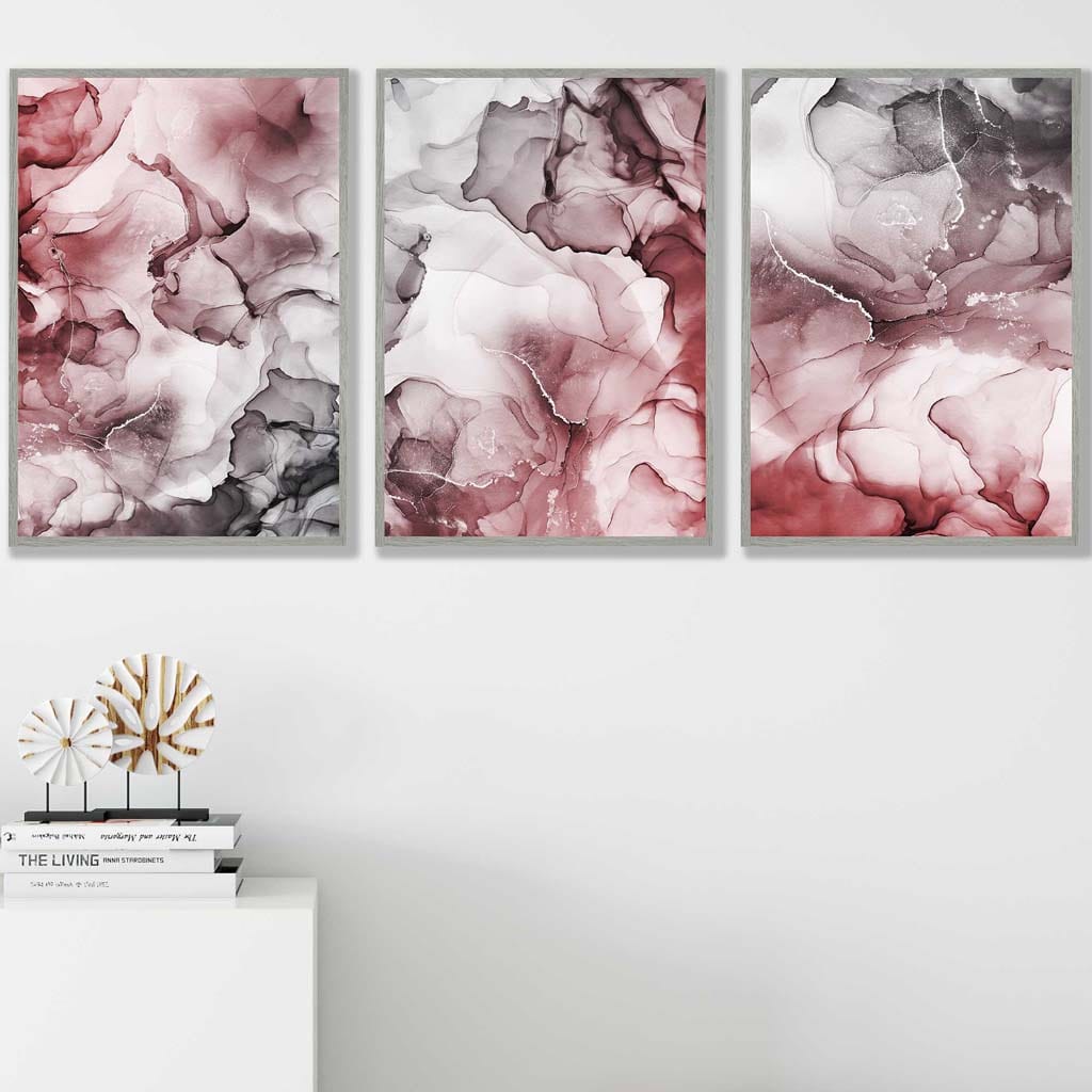 Set of 3 Abstract floral Red & Grey Wall Art Prints