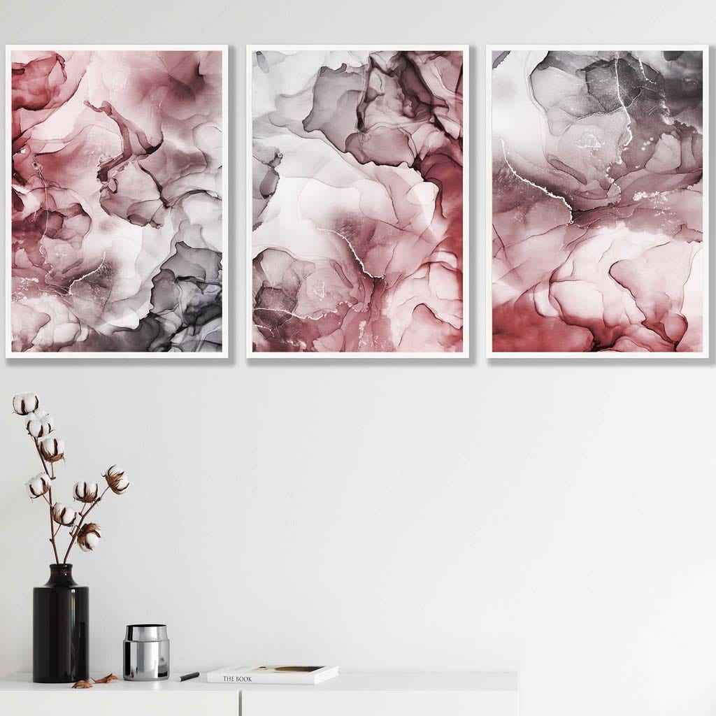 Set of 3 Abstract floral Red & Grey Wall Art Prints