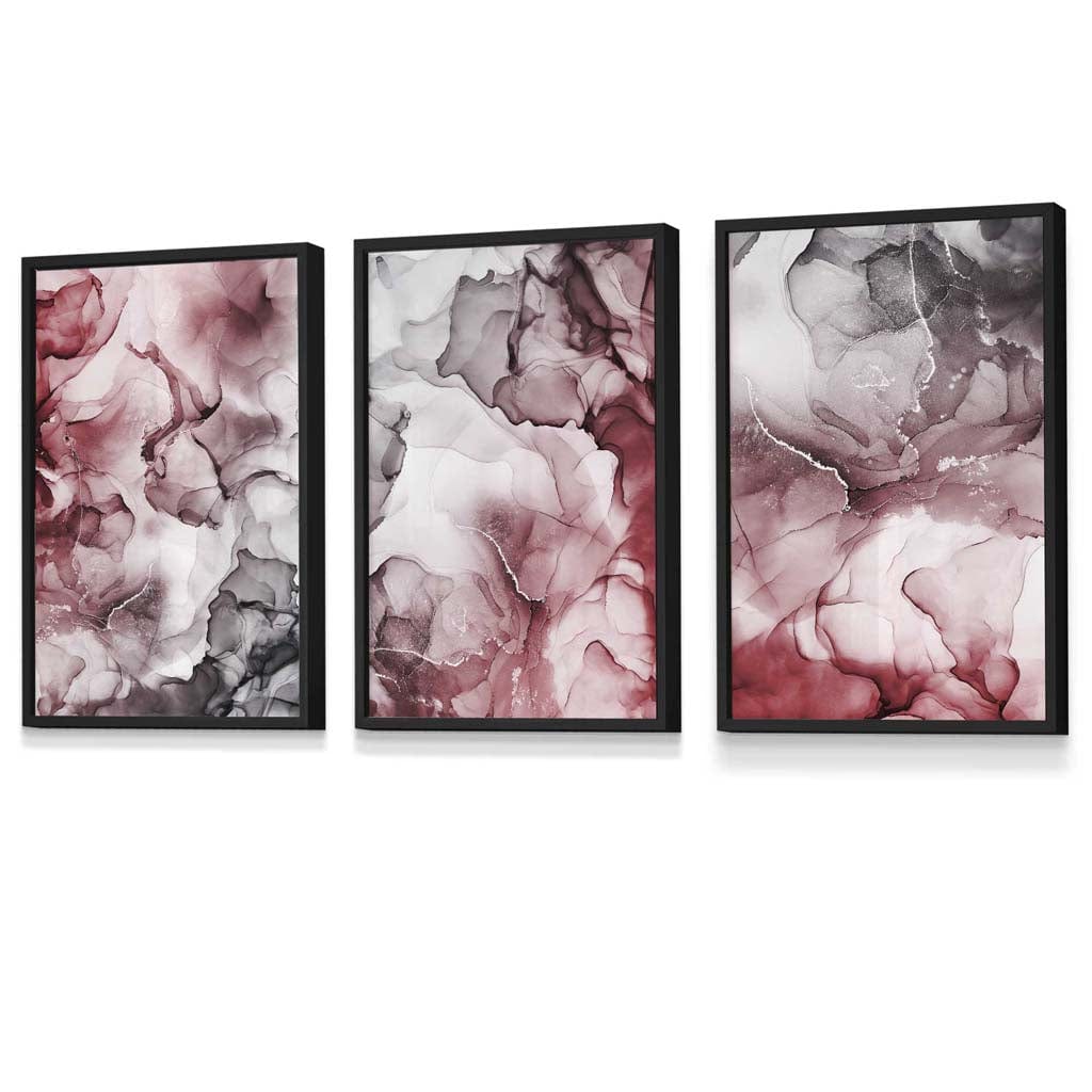 Set of 3 Abstract Floral Fluid in Red and Grey Framed Wall Art | Artze Wall Art UK