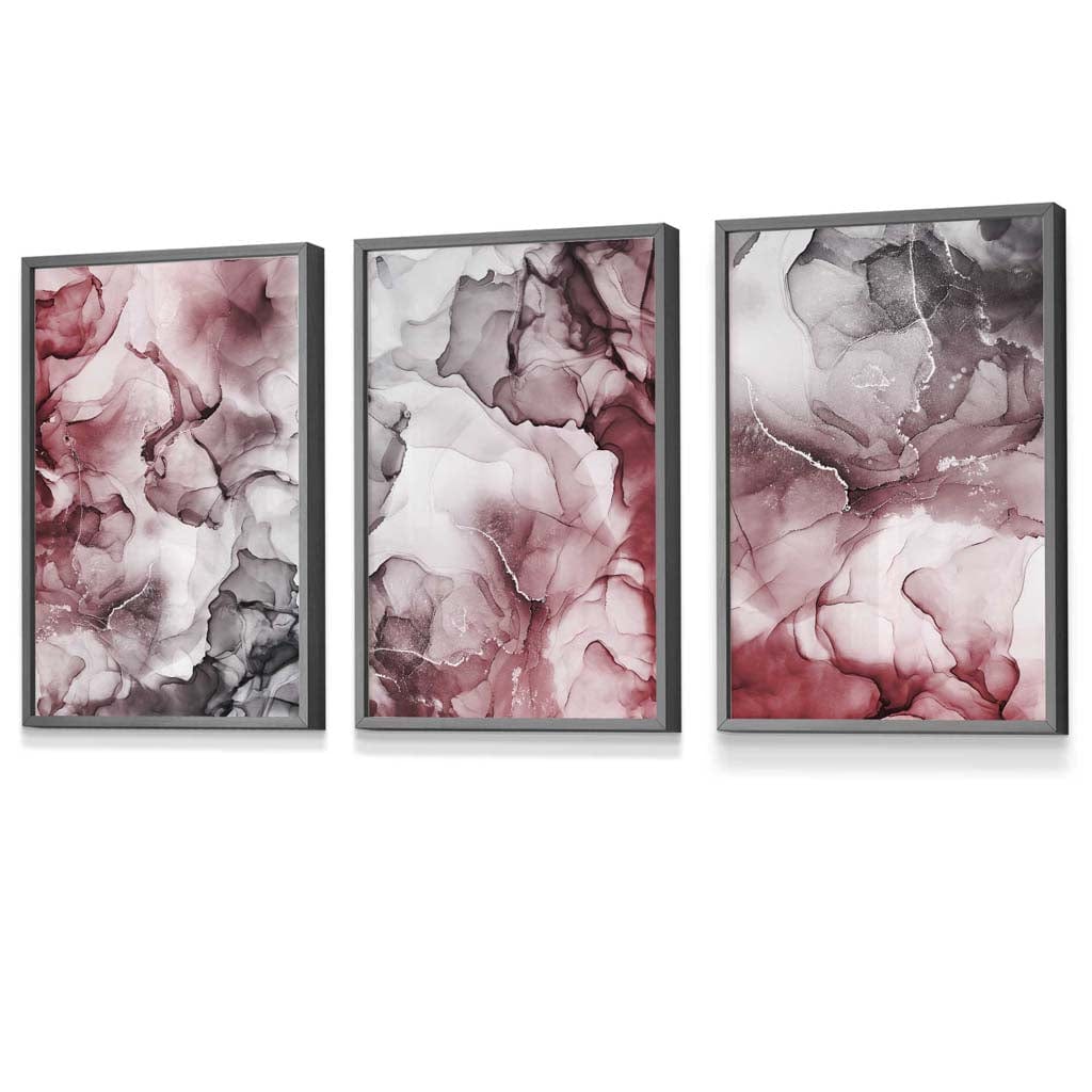 Set of 3 Abstract Floral Fluid in Red and Grey Framed Wall Art | Artze Wall Art UK