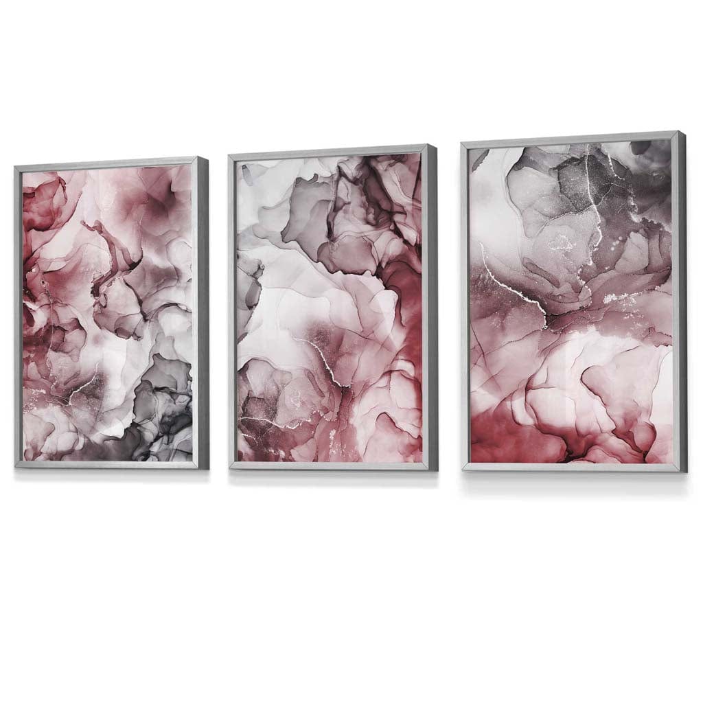 Set of 3 Abstract Floral Fluid in Red and Grey Framed Wall Art | Artze Wall Art UK