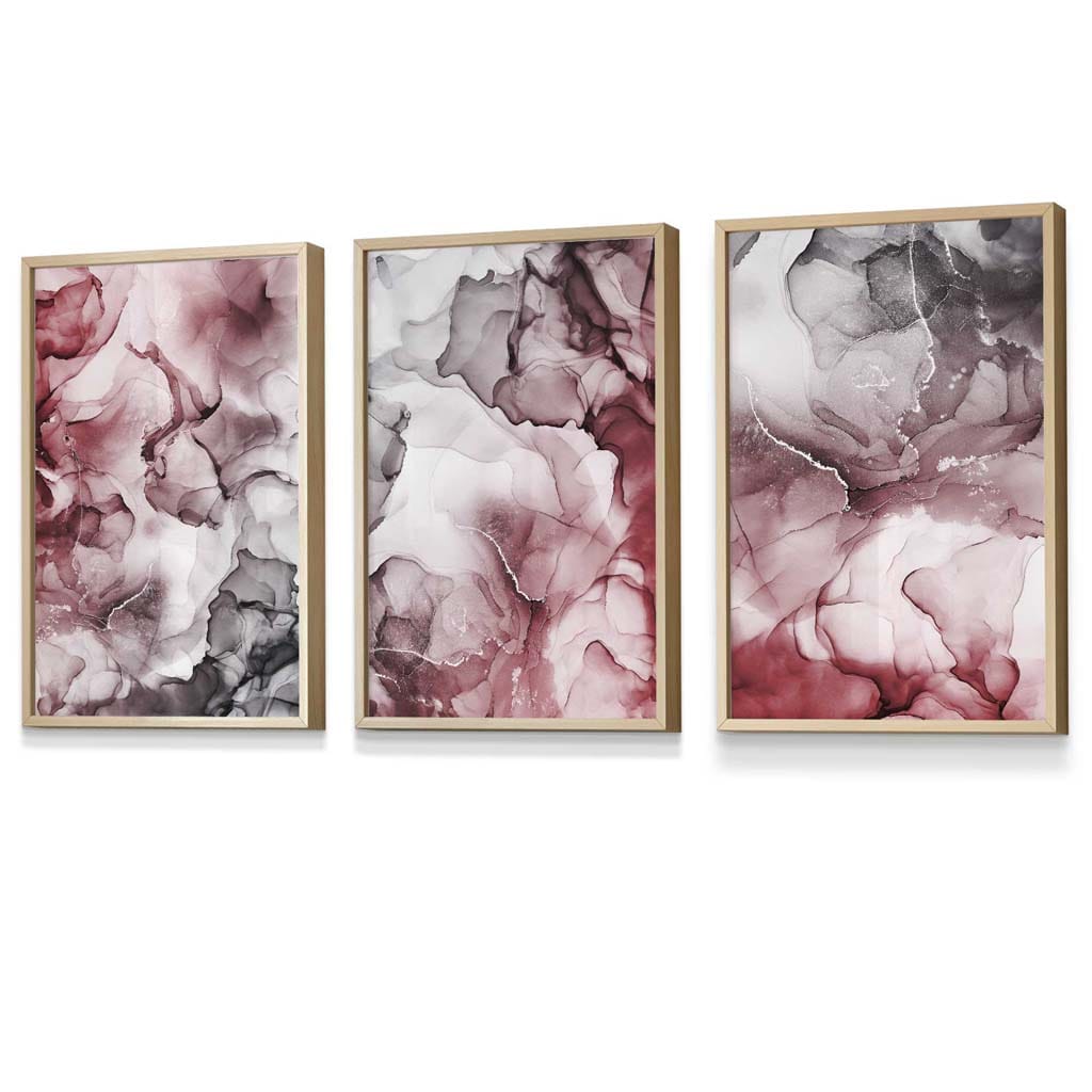 Set of 3 Abstract Floral Fluid in Red and Grey Framed Wall Art | Artze Wall Art UK