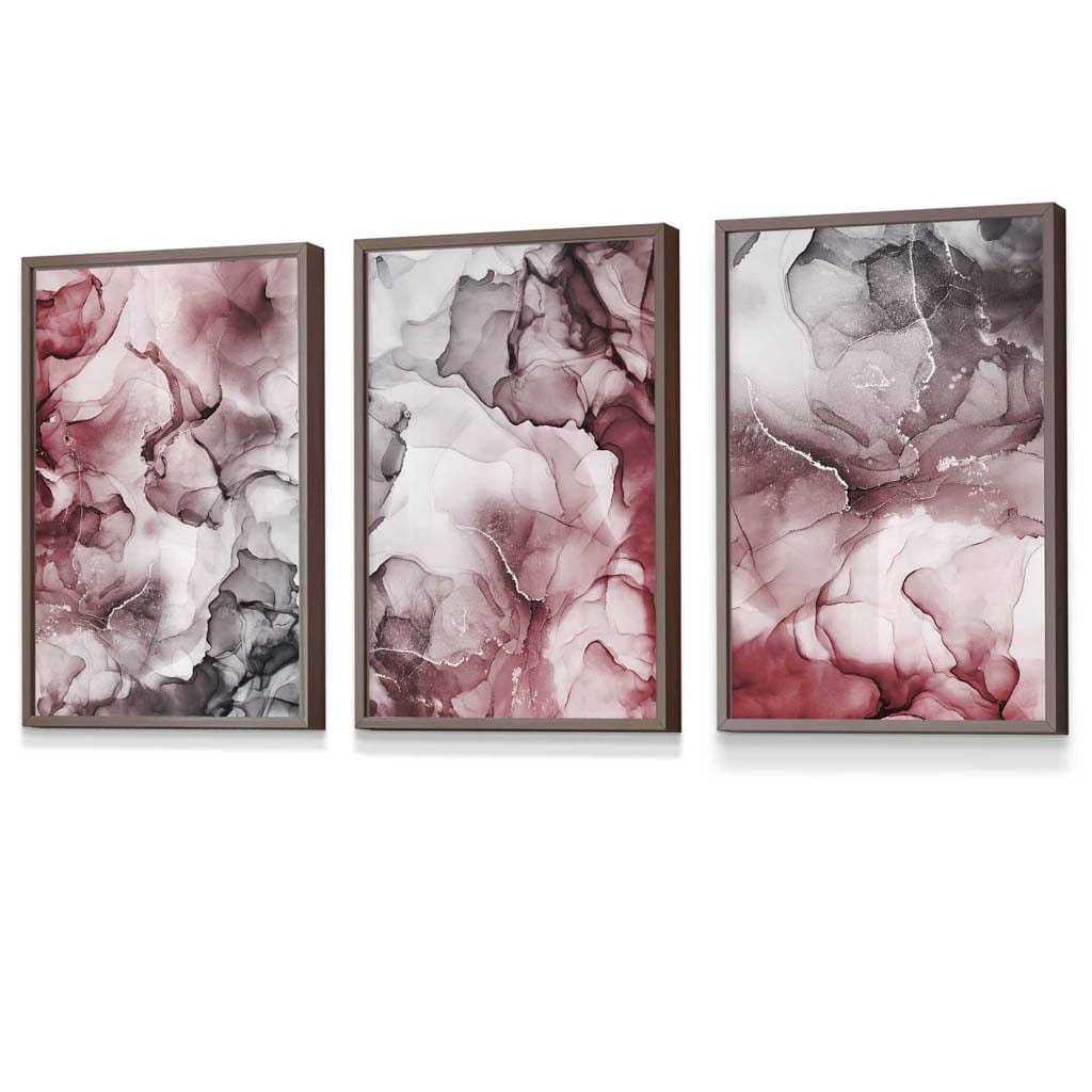 Set of 3 Abstract Floral Fluid in Red and Grey Framed Wall Art | Artze Wall Art UK