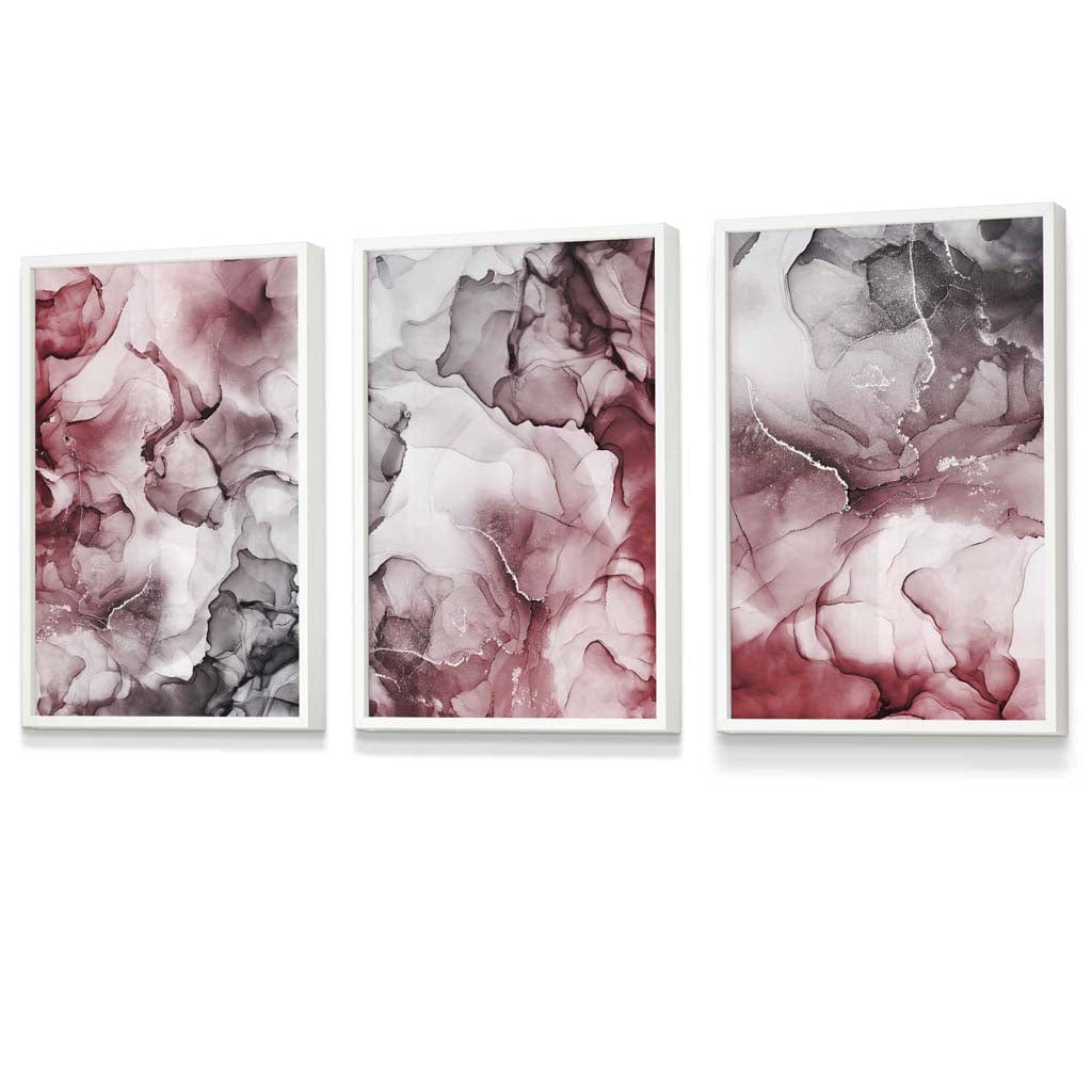 Set of 3 Abstract Floral Fluid in Red and Grey Framed Wall Art | Artze Wall Art UK