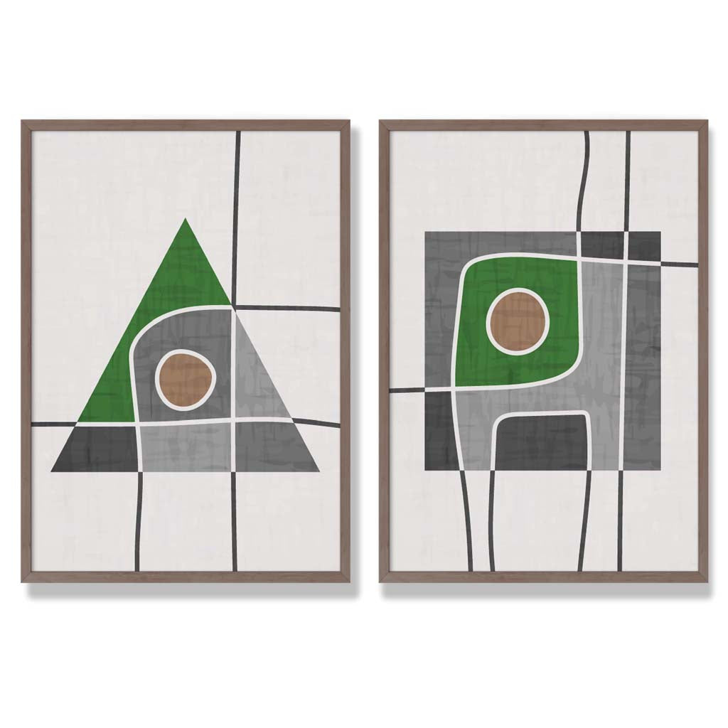 Sage Green Geometric Pineapple Fruit Set of 2 Art Prints with Walnut Frame