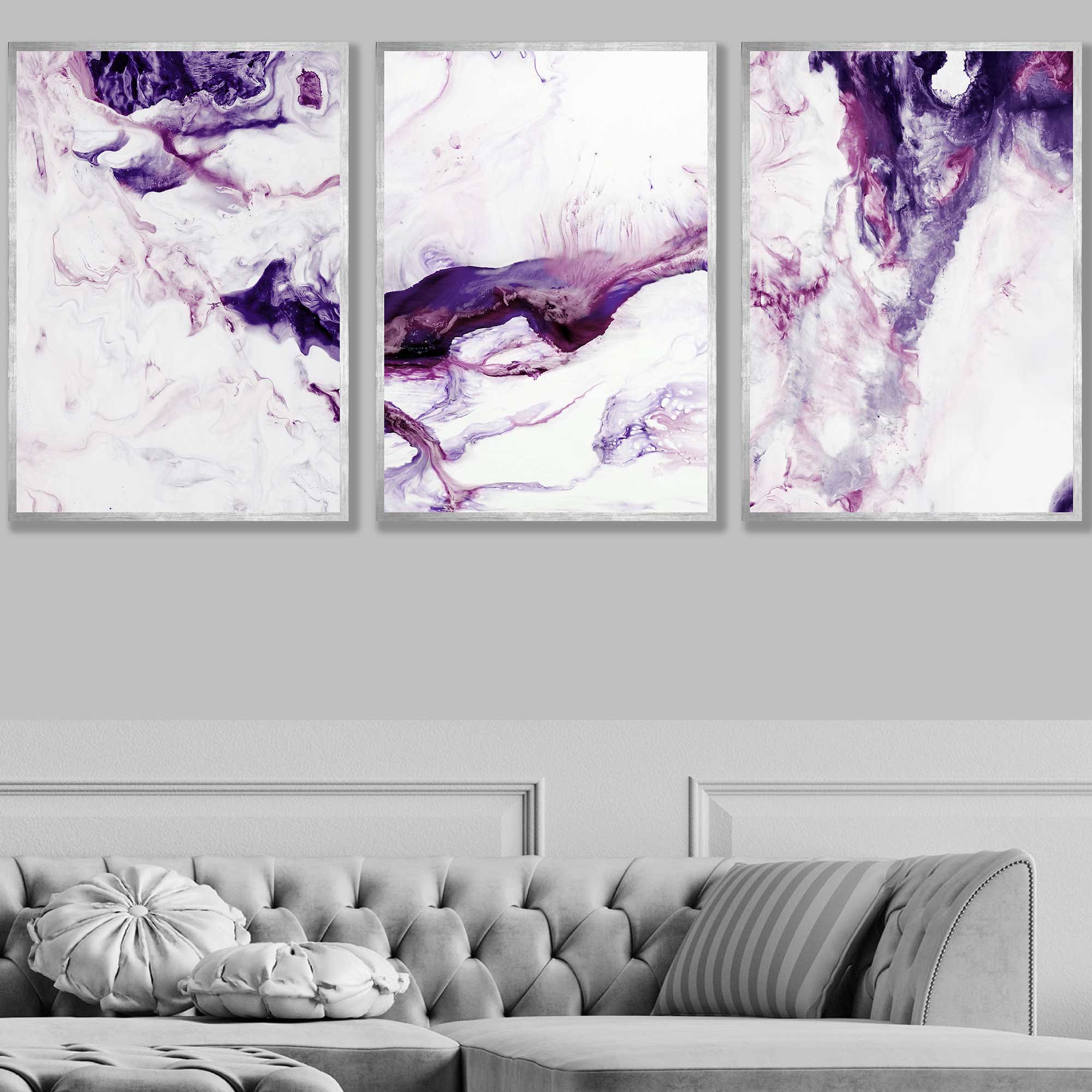 Set of 3 Abstract Pink Purple & White Art Prints