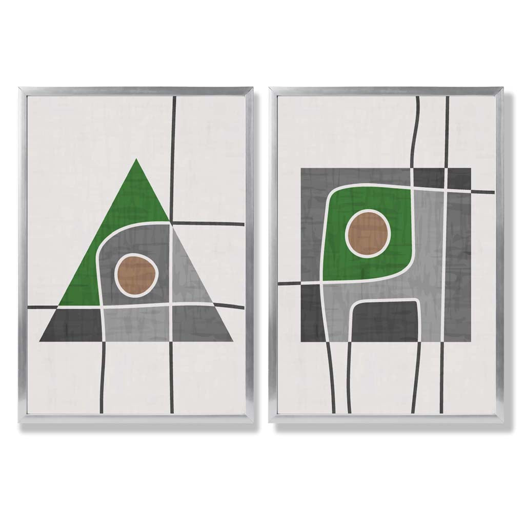 Sage Green Geometric Pineapple Fruit Set of 2 Art Prints with Silver Frame