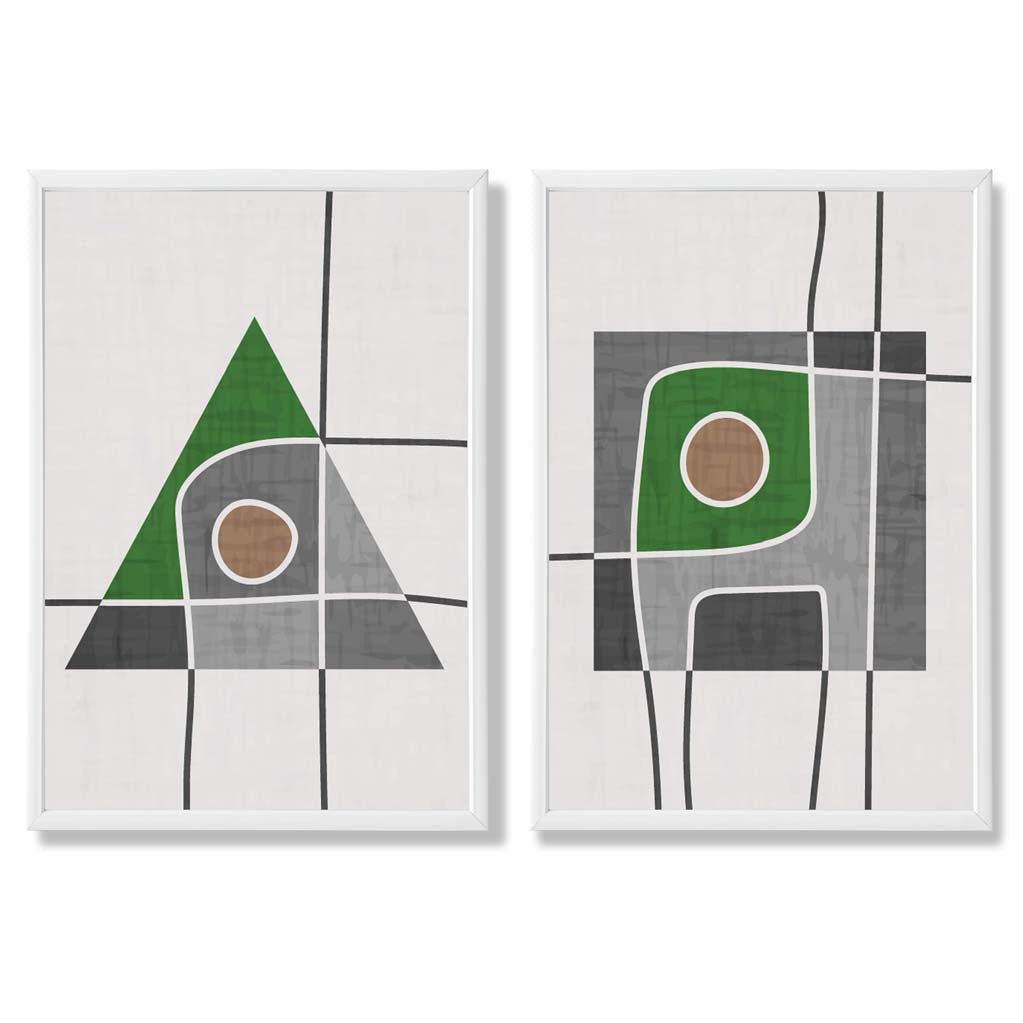Sage Green Geometric Pineapple Fruit Set of 2 Art Prints with White Frame