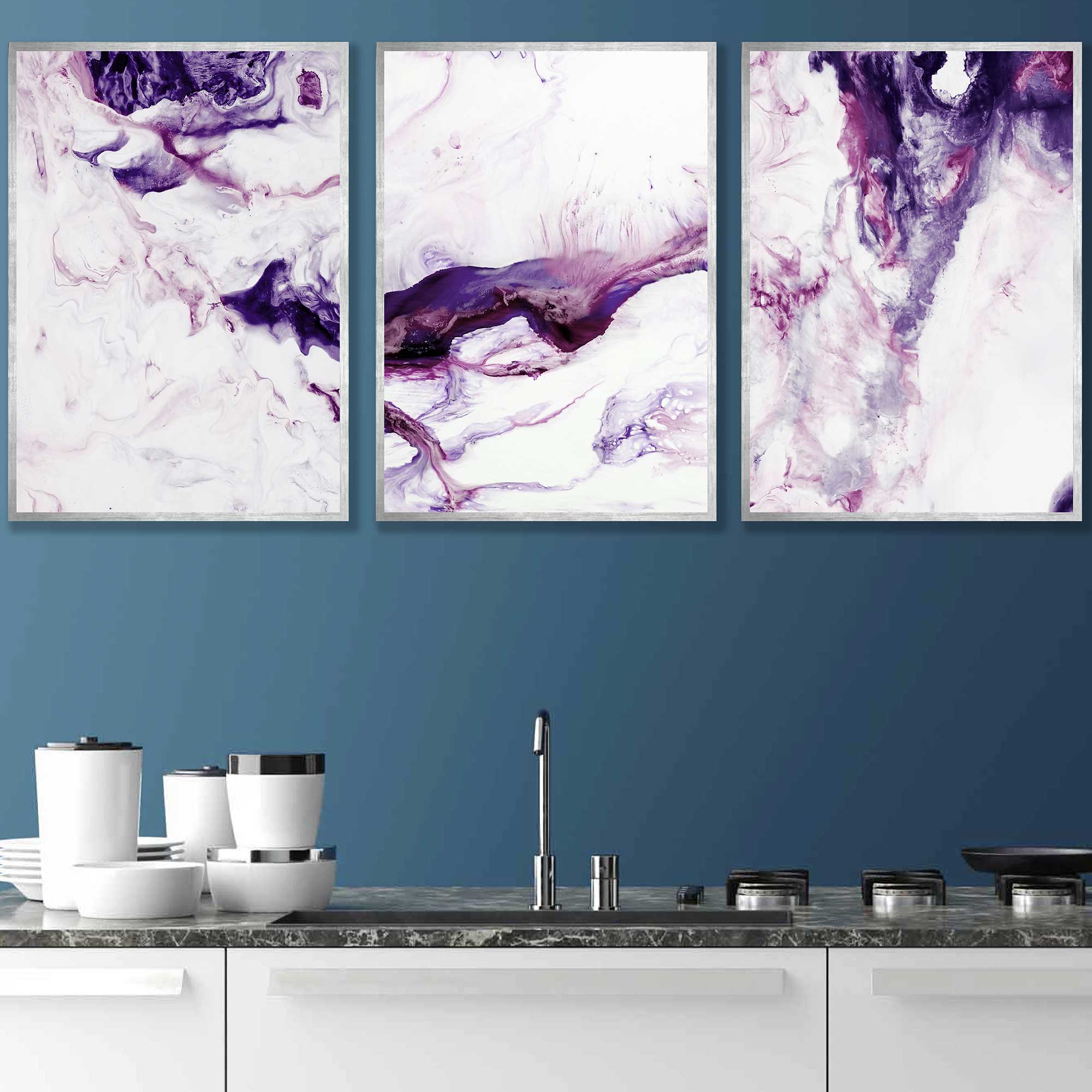 Set of 3 Abstract Pink Purple & White Art Prints