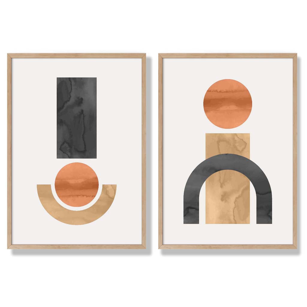 Sage Green Geometric Pineapple Fruit Set of 2 Art Prints with Oak Frame