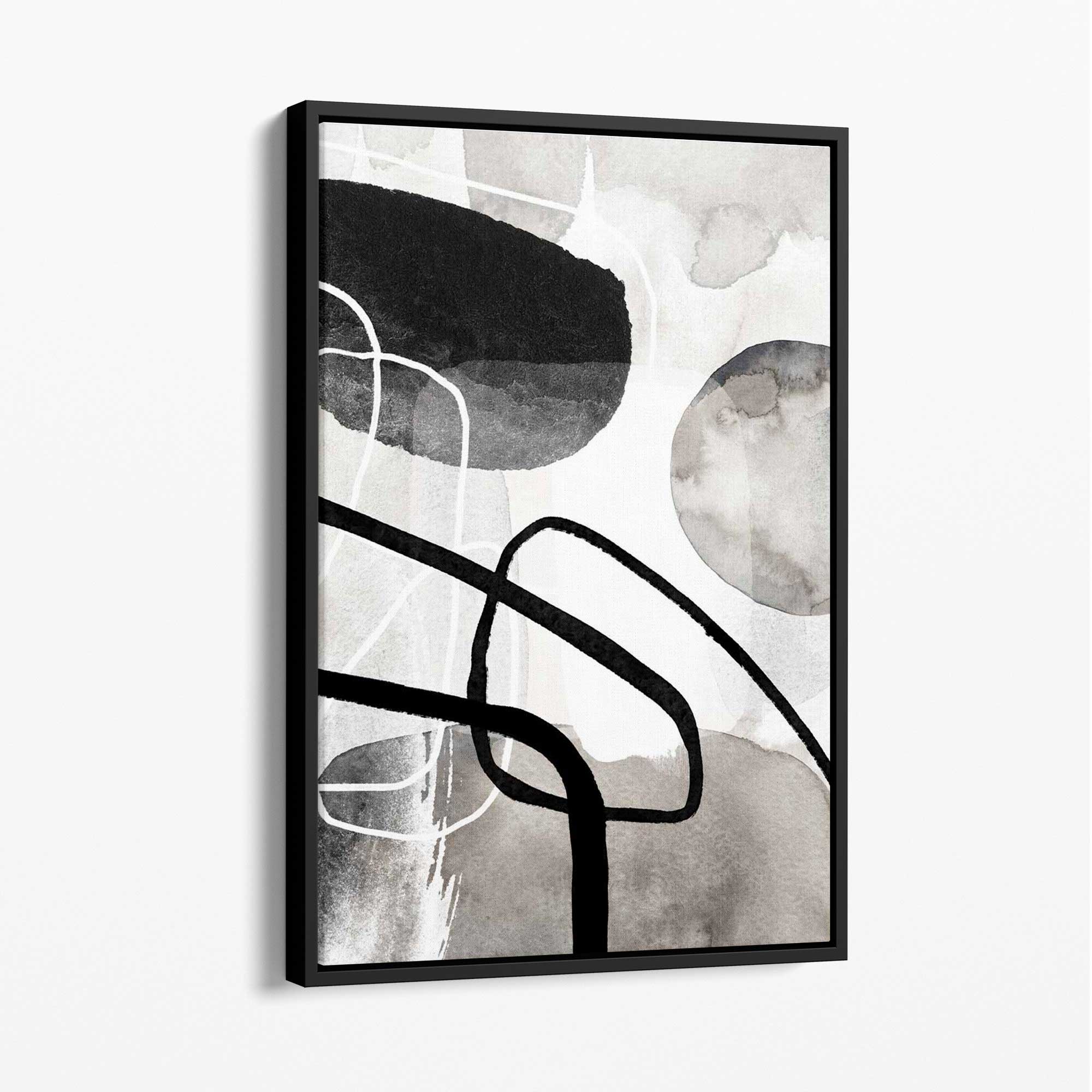 Abstract Black and Grey Shapes No 1 Canvas Art Print with Black Float Frame