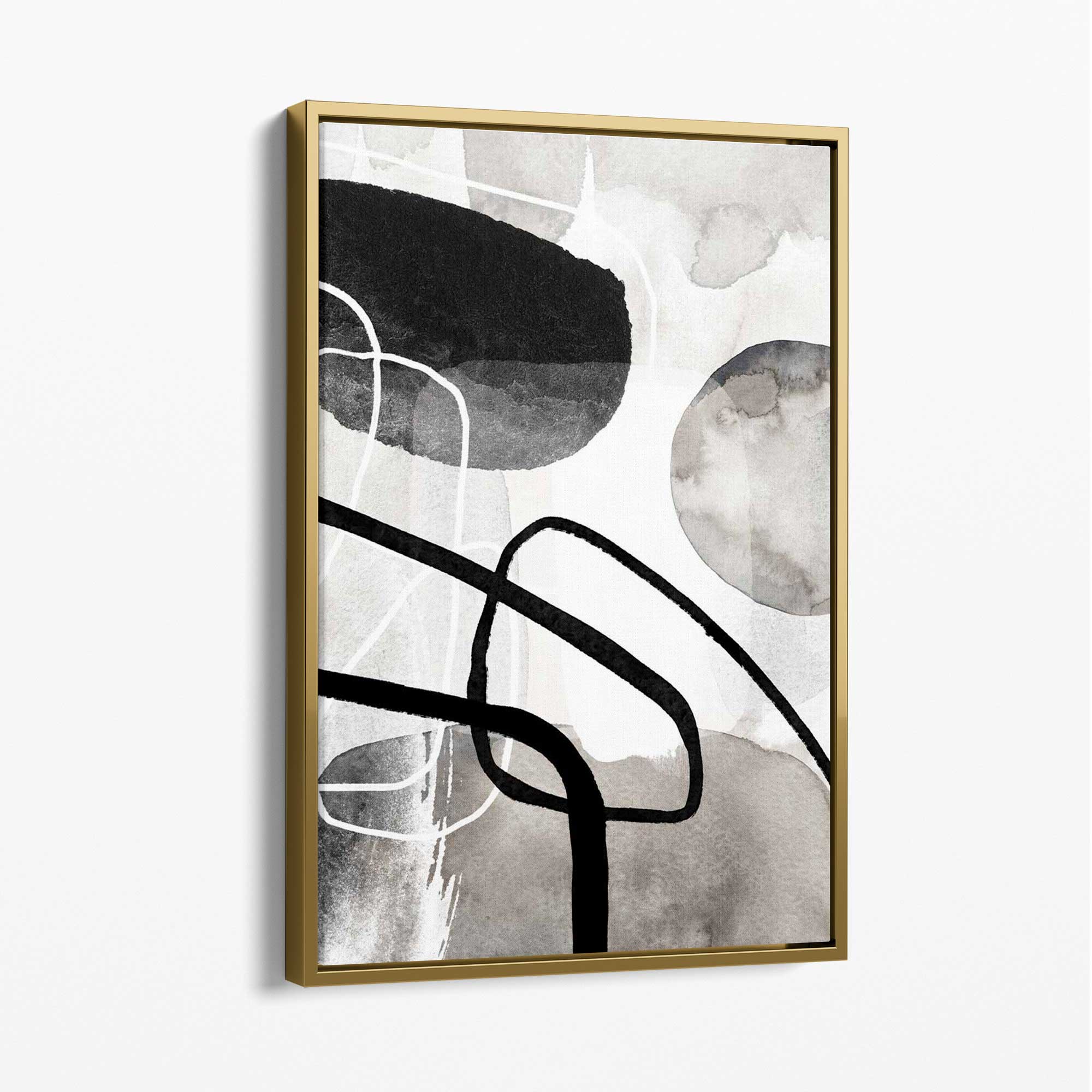 Abstract Black and Grey Shapes No 1 Canvas Art Print with Gold Float Frame