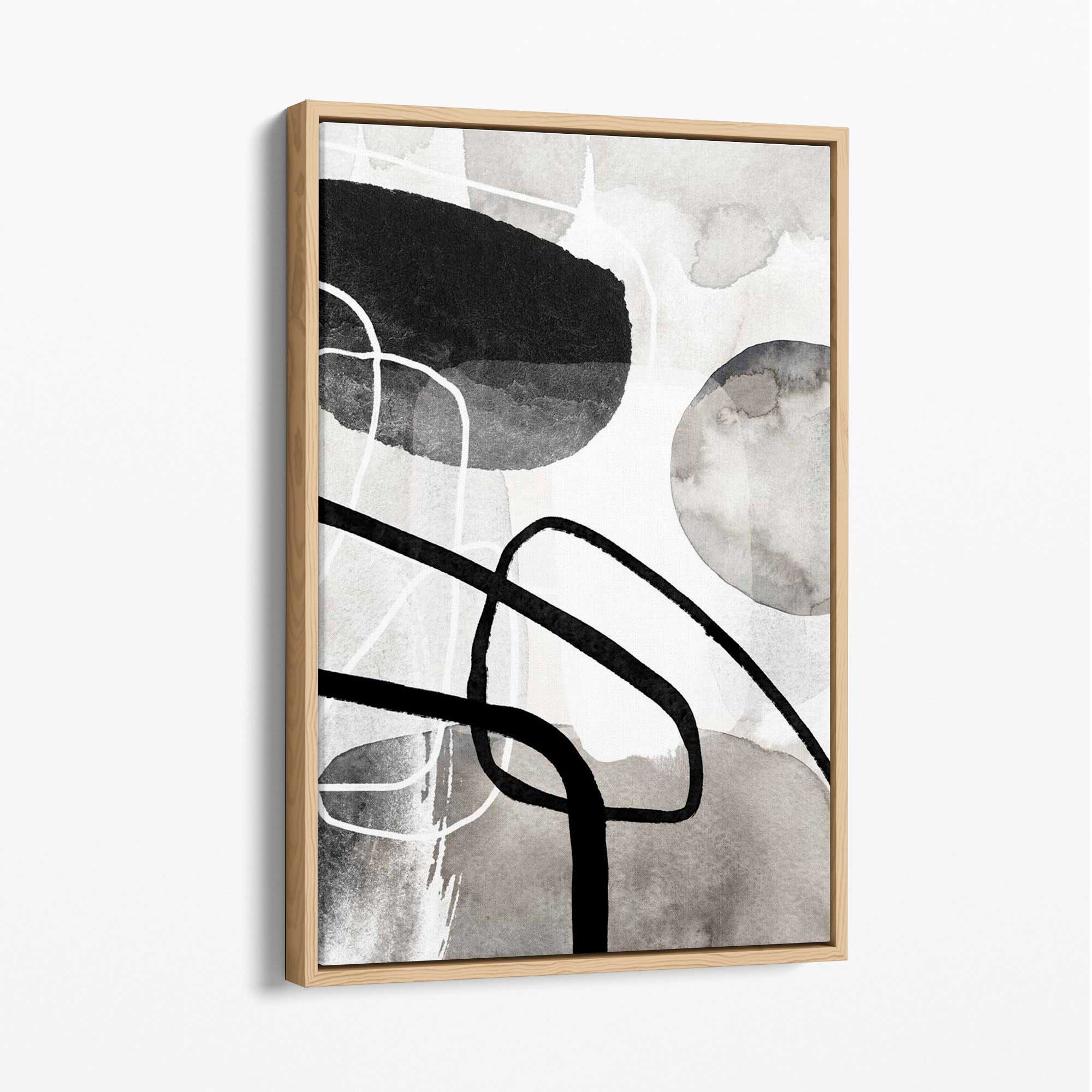 Abstract Black and Grey Shapes No 1 Canvas Art Print with Oak Float Frame
