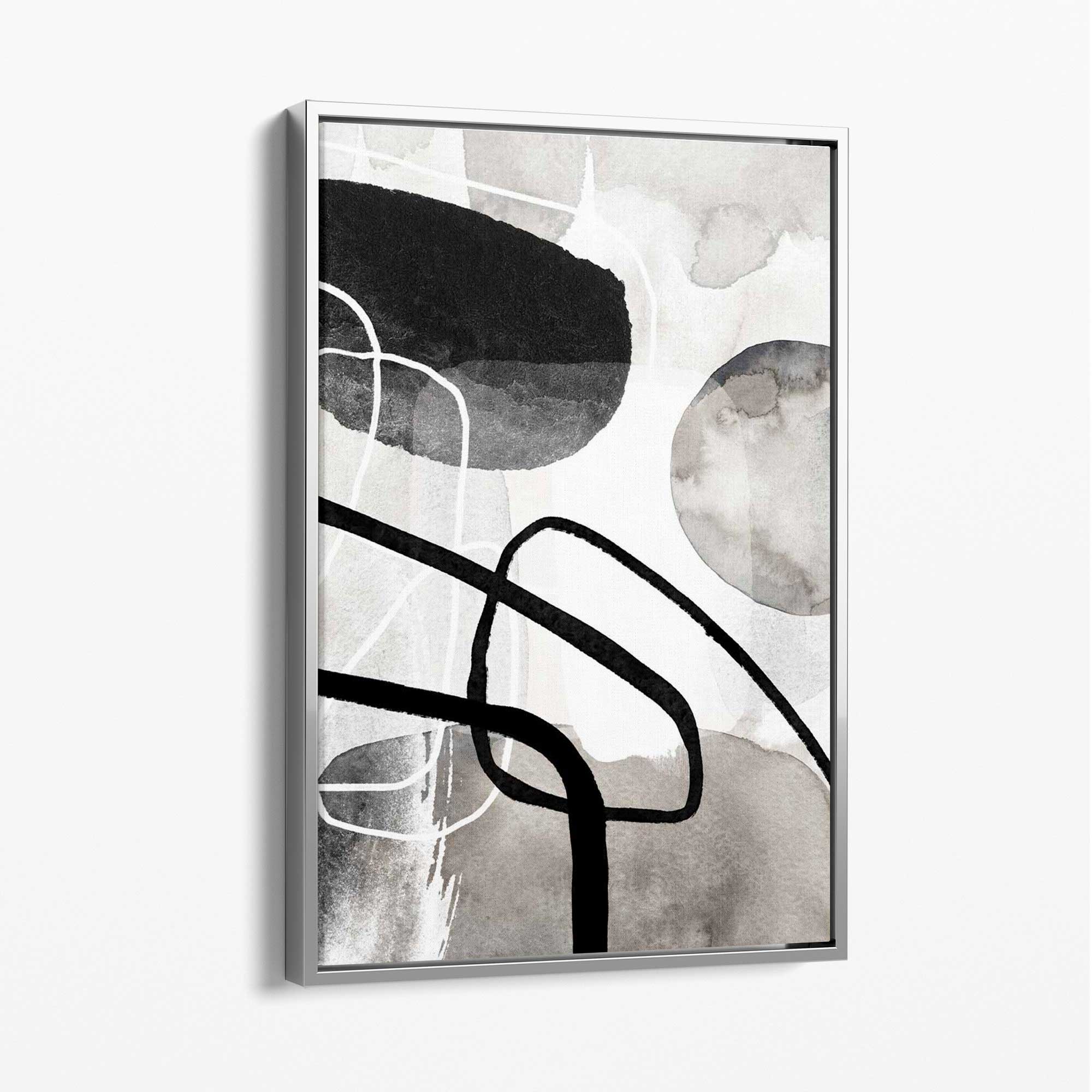Abstract Black and Grey Shapes No 1 Canvas Art Print with Silver Float Frame
