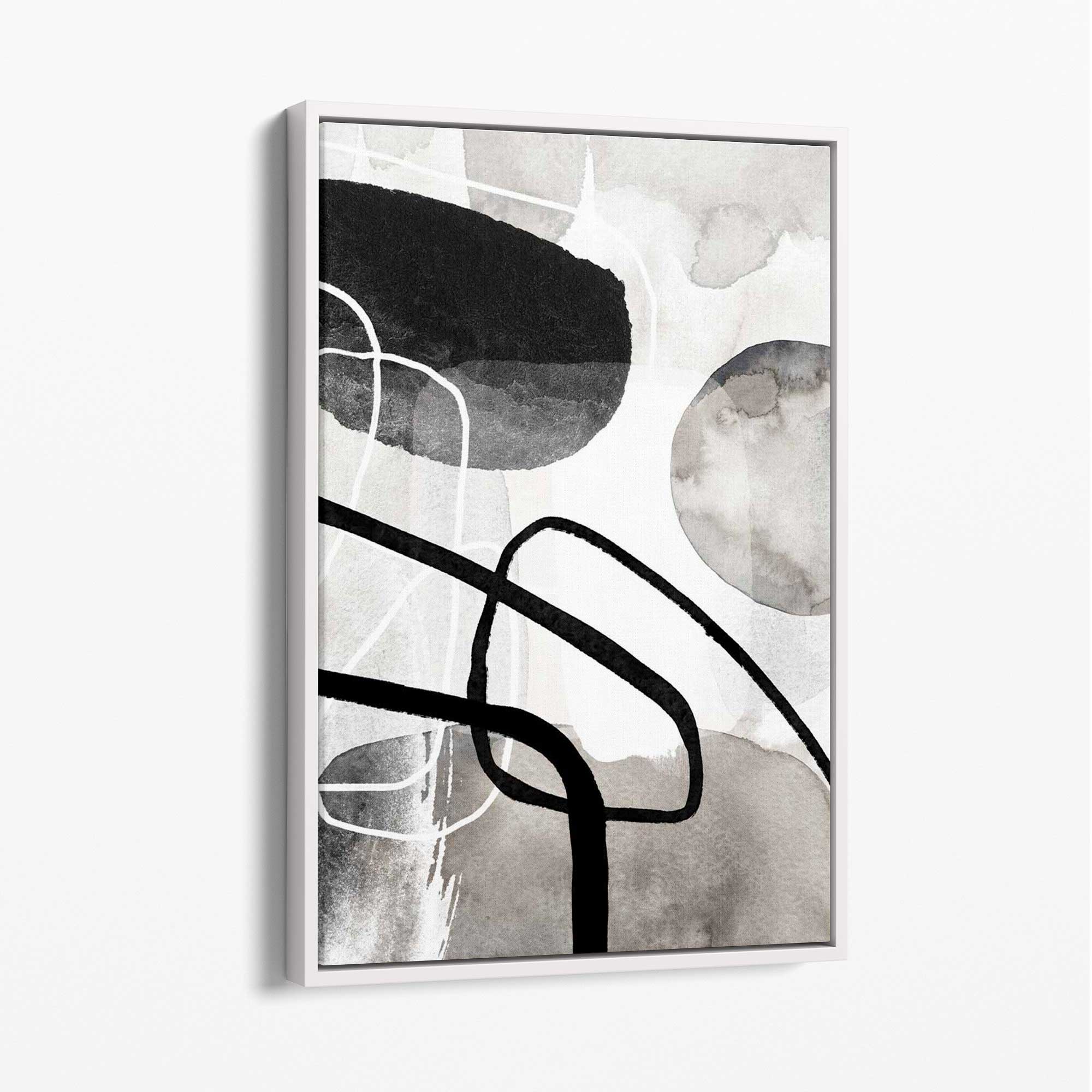 Abstract Black and Grey Shapes No 1 Canvas Art Print with White Float Frame