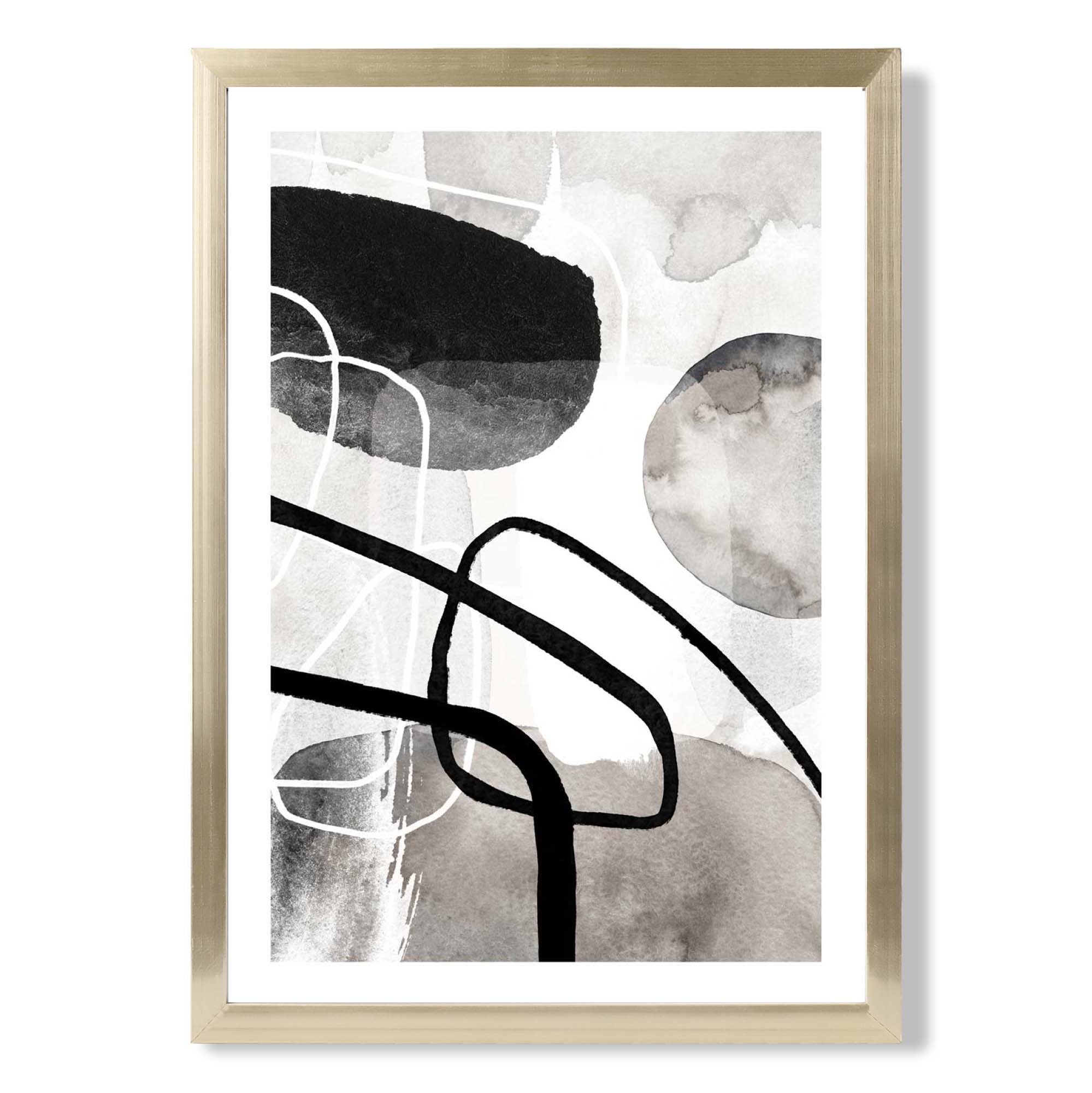 Abstract Black and Grey Shapes No 1 print in Gold Wooden Frame