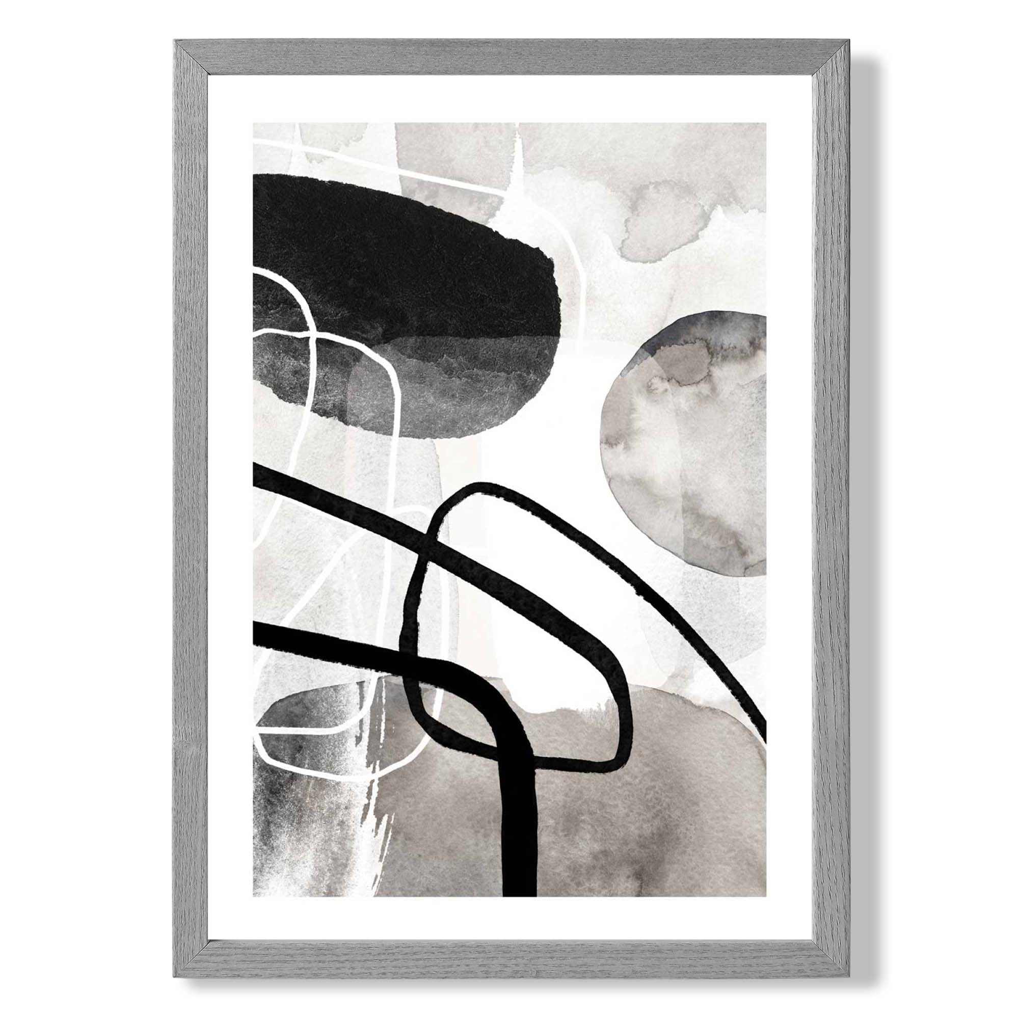 Abstract Black and Grey Shapes No 1 print in Light Grey Wooden Frame