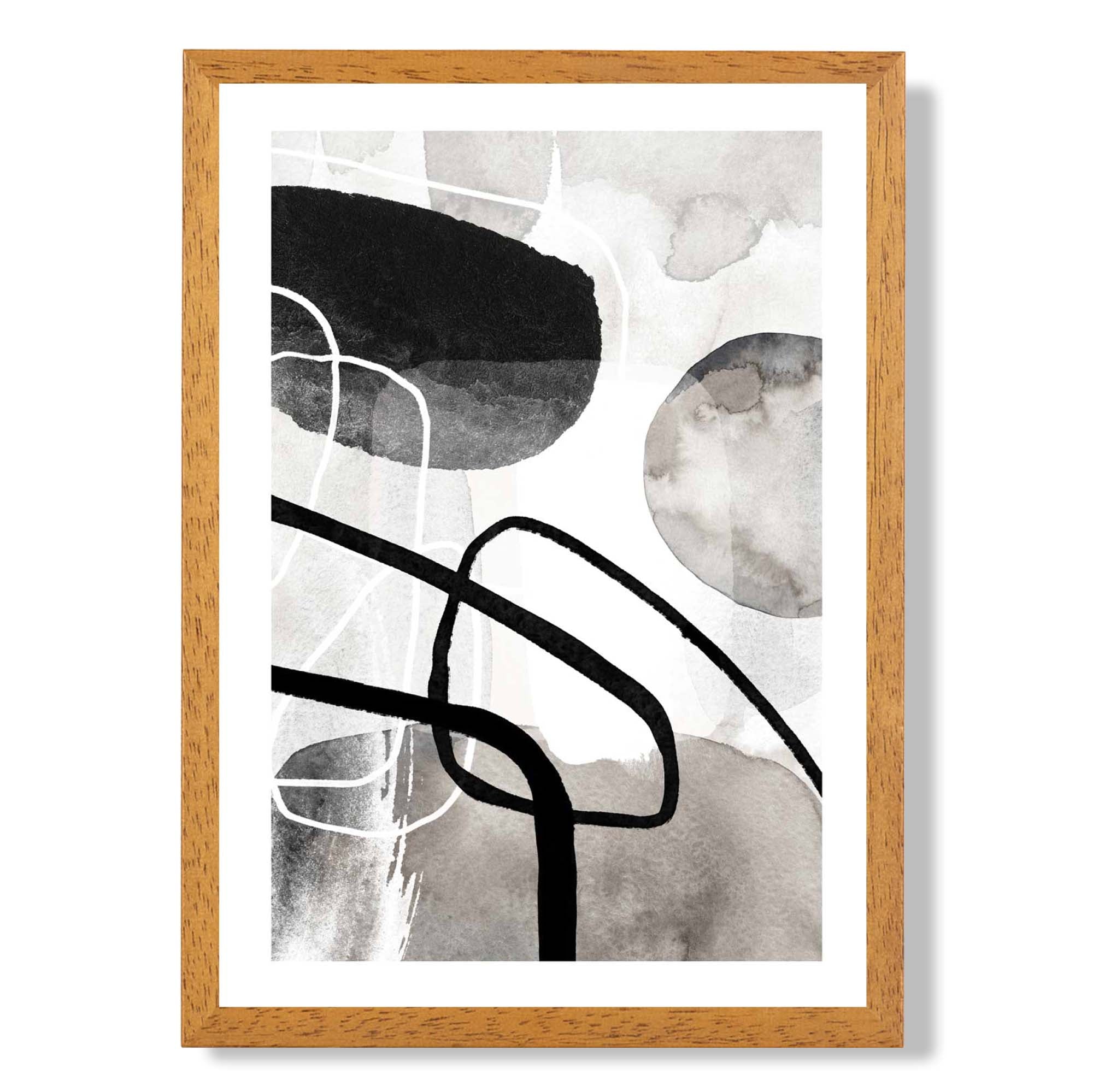 Abstract Black and Grey Shapes No 1 print in Oak Wooden Frame