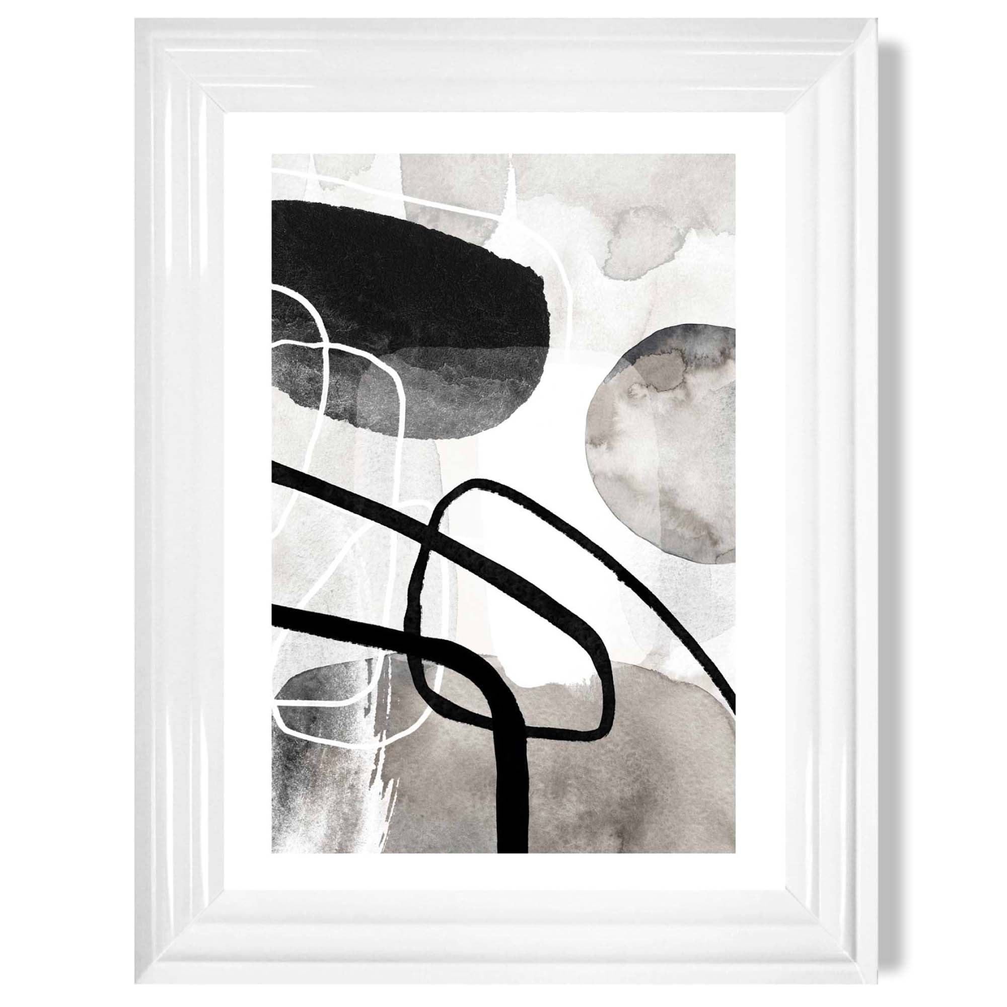 Abstract Black and Grey Shapes No 1 print in White Glossy Frame