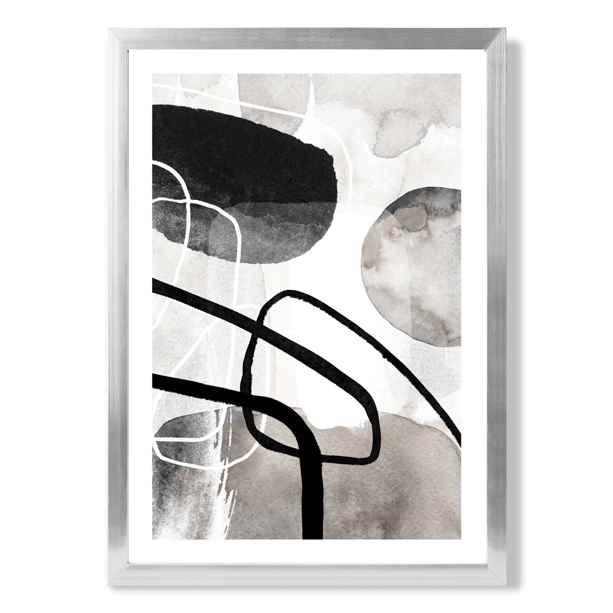 Abstract Black and Grey Shapes No 1 print in Silver Wooden Frame