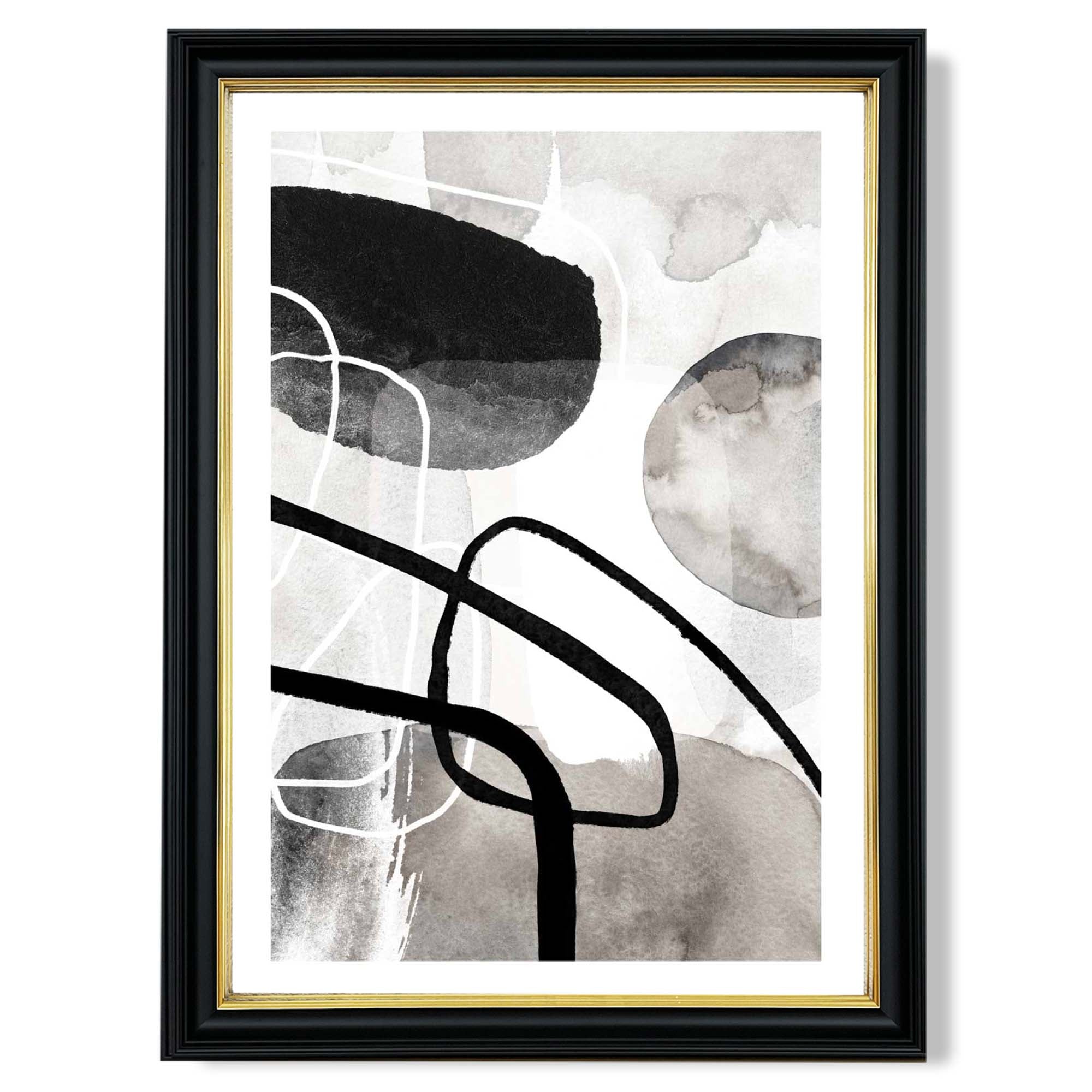 Abstract Black and Grey Shapes No 1 print in Black and Gold Frame