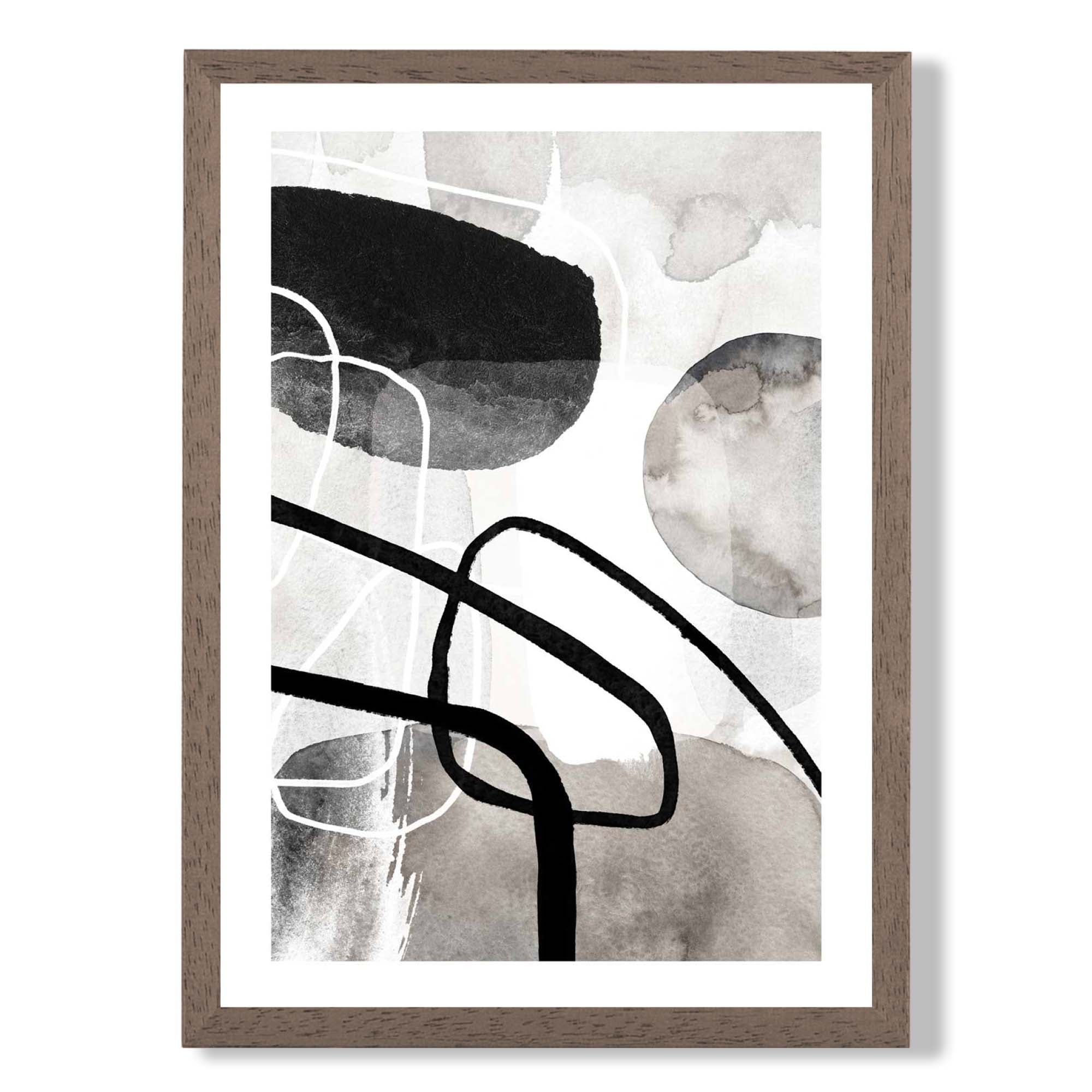 Abstract Black and Grey Shapes No 1 print in Walnut Wooden Frame