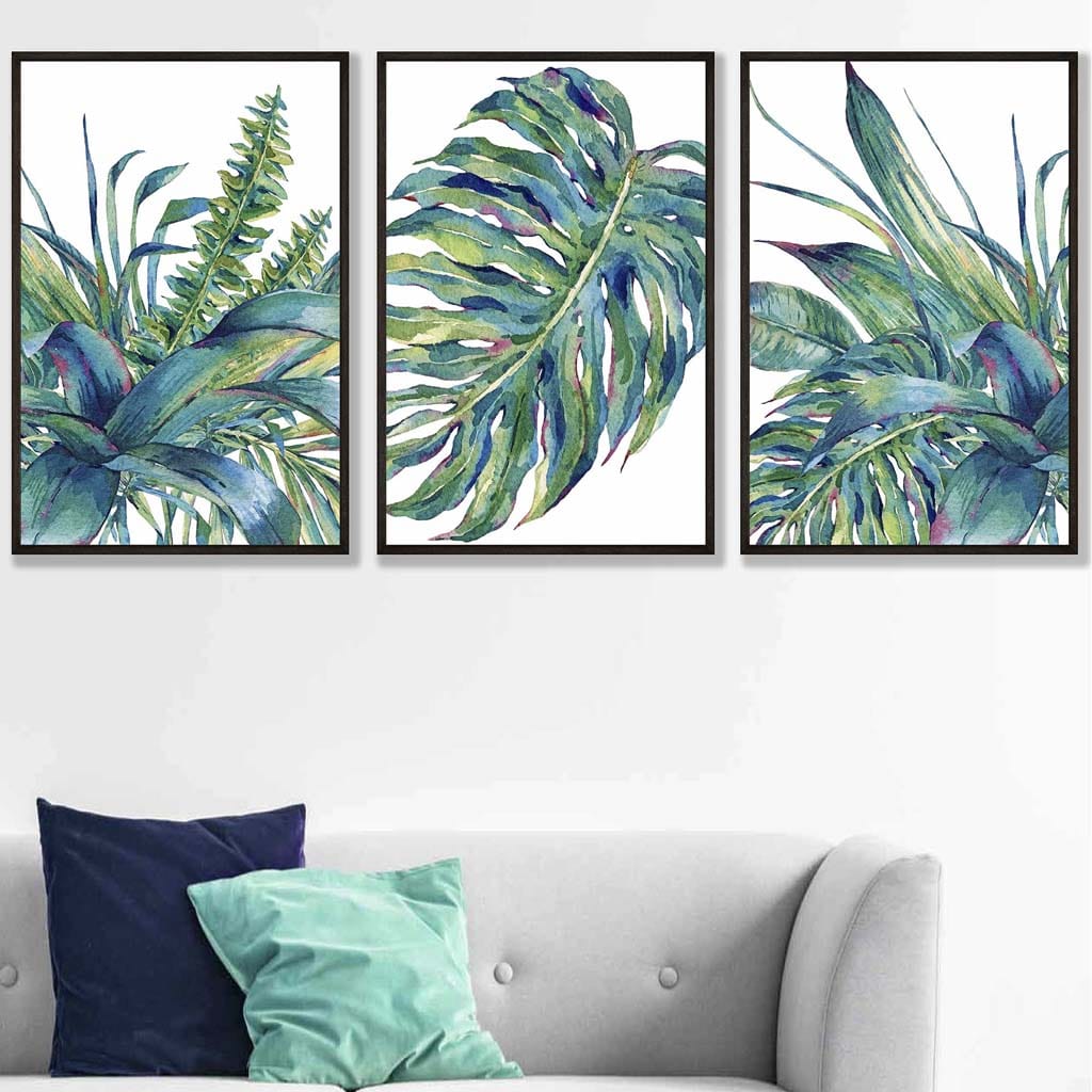 Set of 3 Blue Green Watercolour Tropical Leaves Wall Art Prints